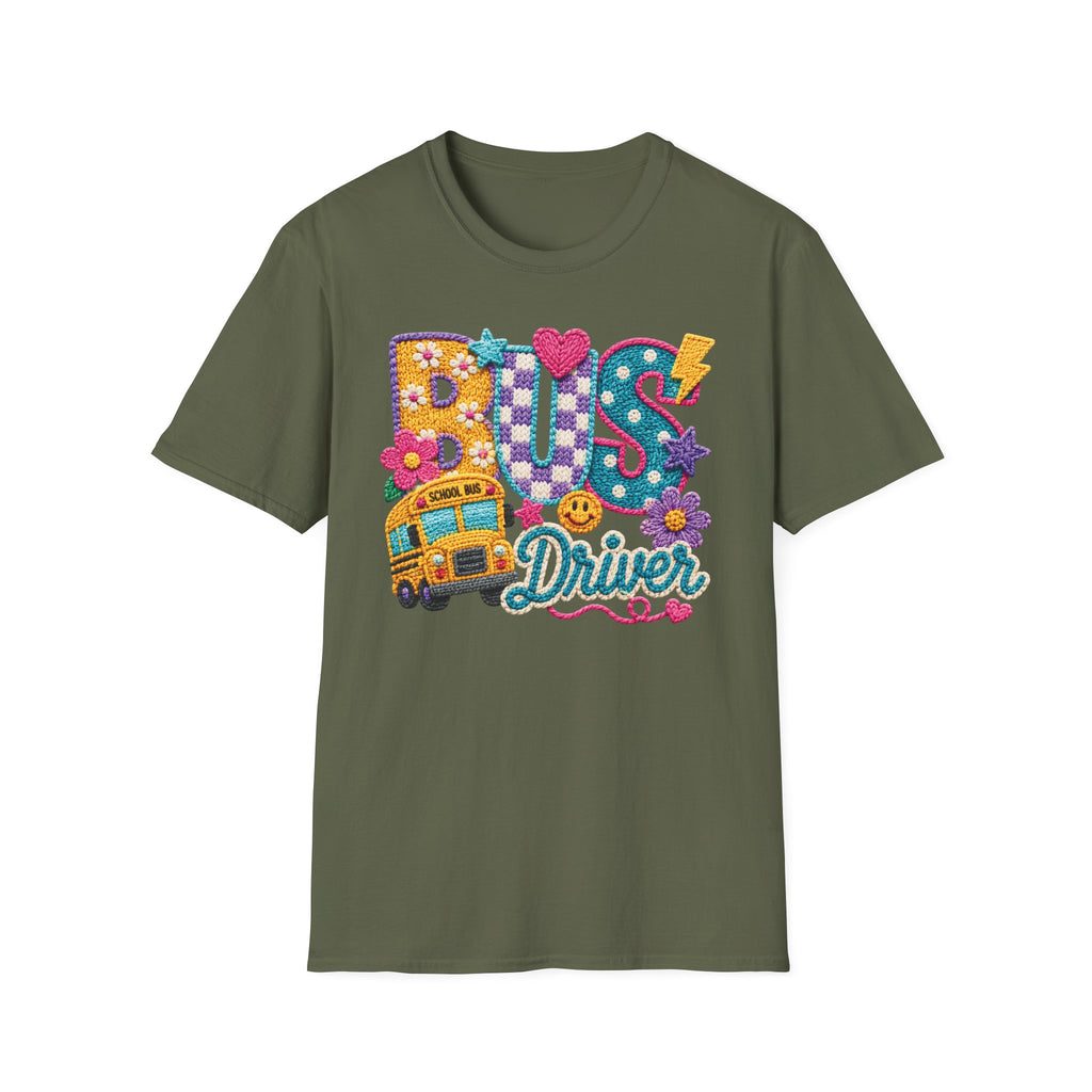 Bus Driver T-Shirt | Faux Crochet School Bus Graphic | Adult Unisex Gildan SoftStyle T-shirt