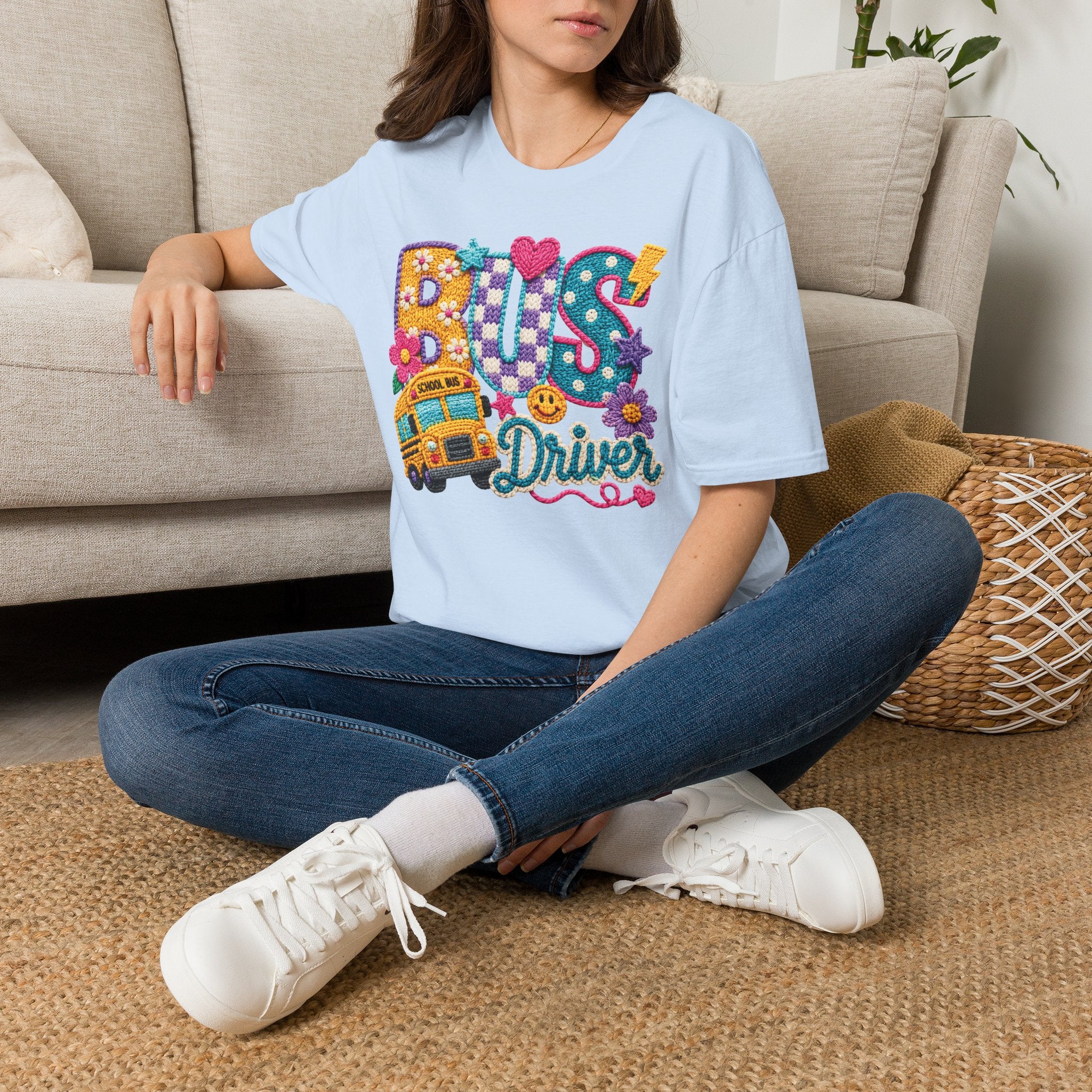 Bus Driver T-Shirt | Faux Crochet School Bus Graphic | Adult Unisex Gildan SoftStyle T-shirt