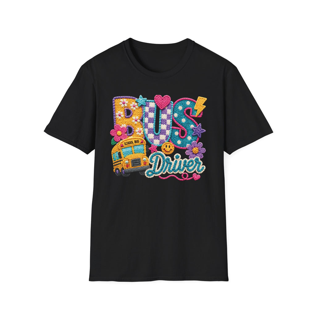 Bus Driver T-Shirt | Faux Crochet School Bus Graphic | Adult Unisex Gildan SoftStyle T-shirt