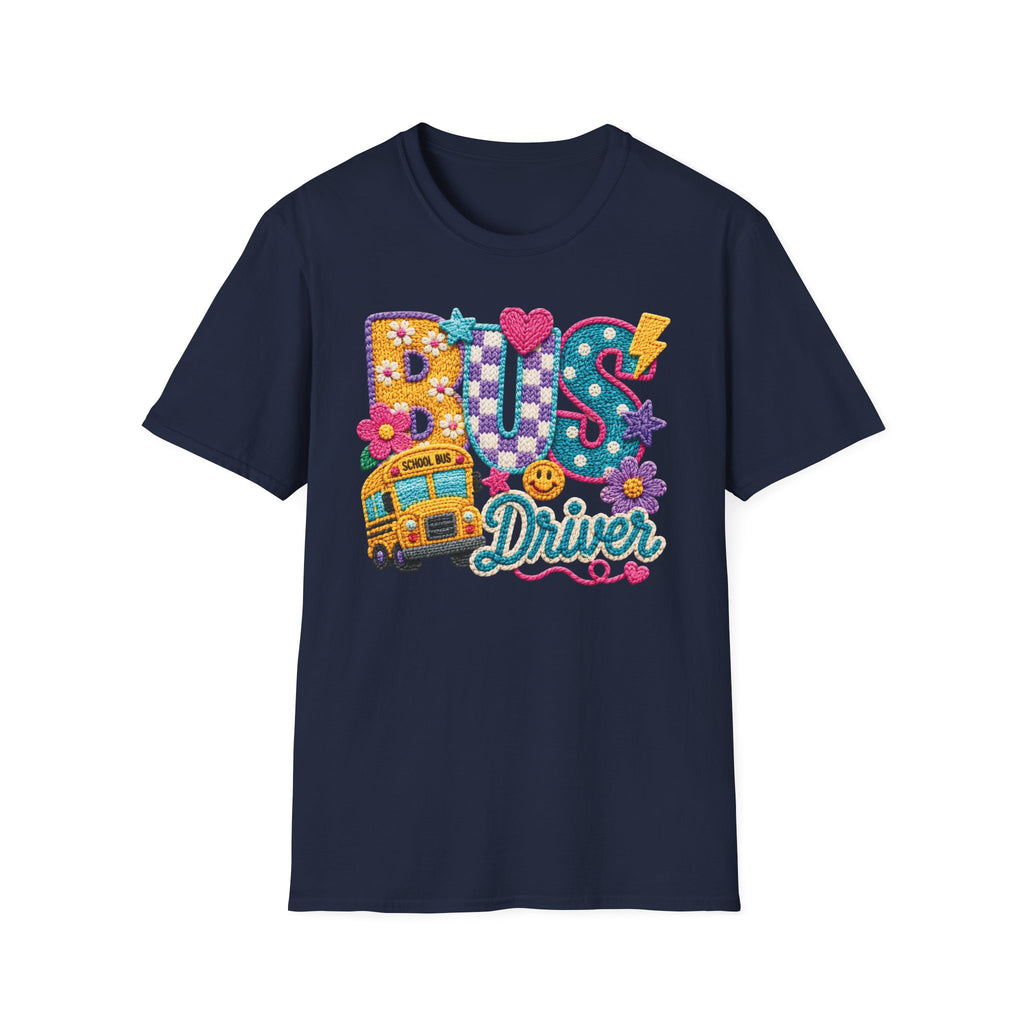 Bus Driver T-Shirt | Faux Crochet School Bus Graphic | Adult Unisex Gildan SoftStyle T-shirt