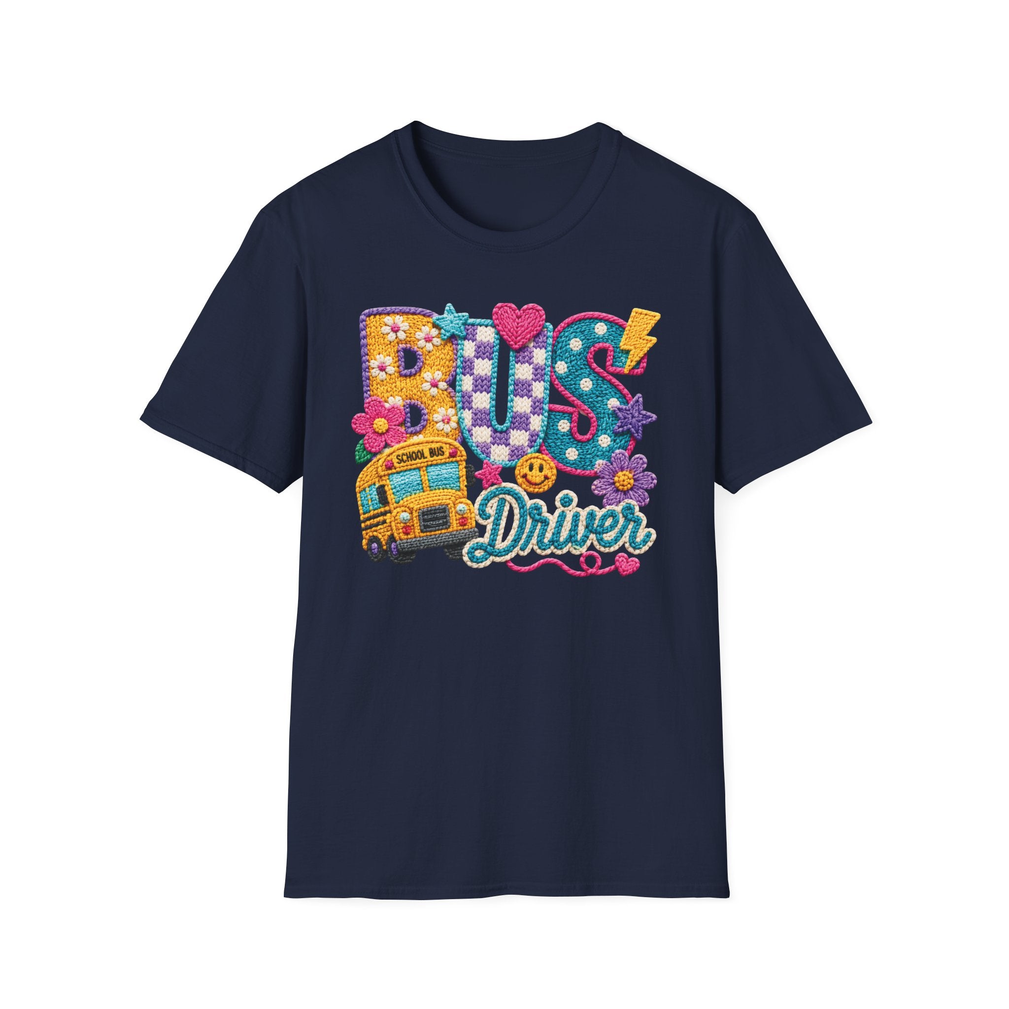 Bus Driver T-Shirt | Faux Crochet School Bus Graphic | Adult Unisex Gildan SoftStyle T-shirt