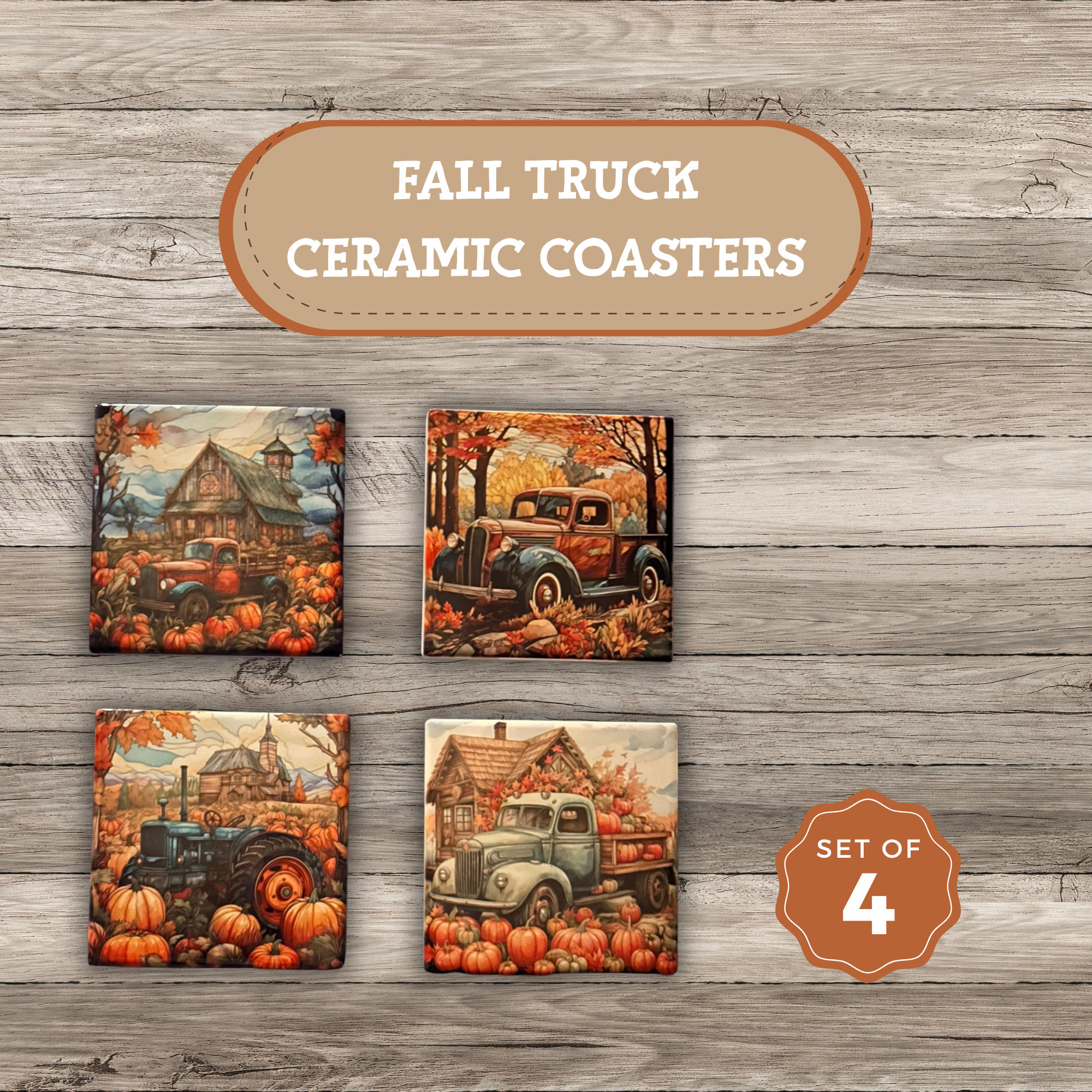 Fall Ceramic Coaster Set – Vintage Truck & Farm Scene (Set of 4)