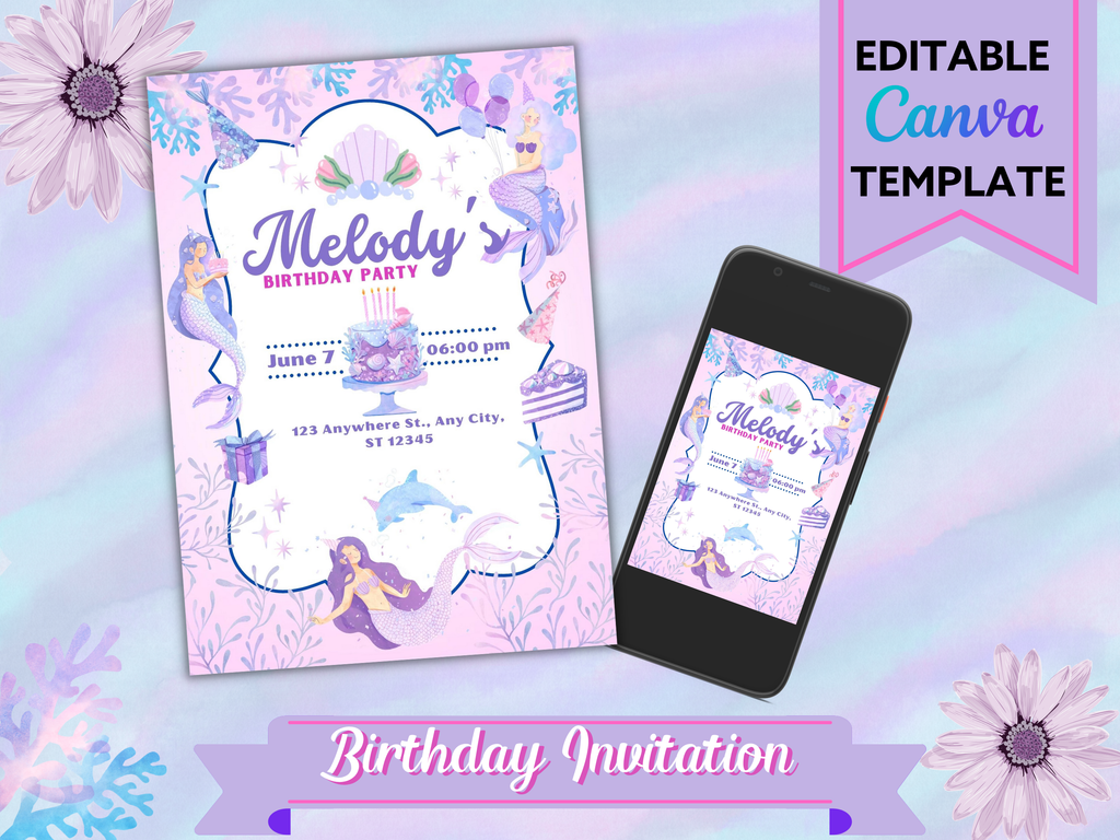 🧜‍♀️ Mermaid Birthday Invitation – Editable Canva Template (Digital Download)