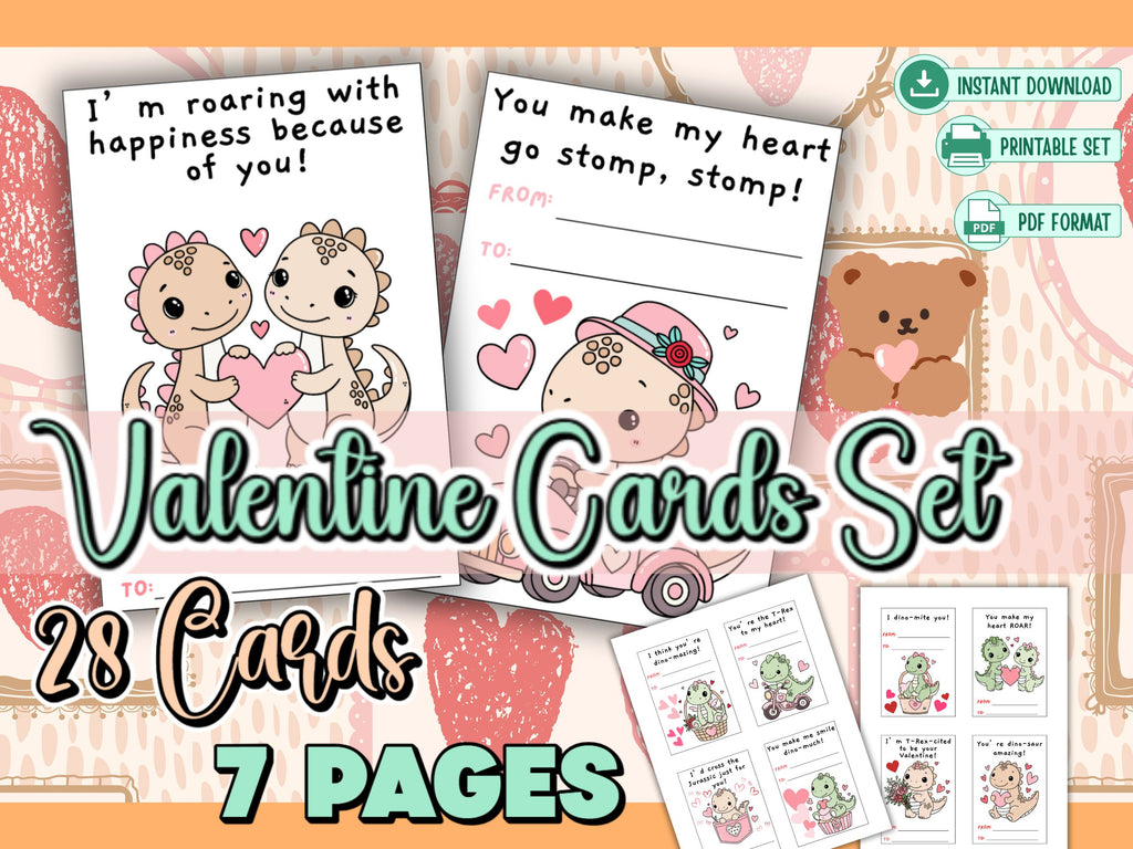 Printable Dinosaur Valentine Cards for Kids | Cute Dino Puns | 28 Card Set | Instant Download PDF