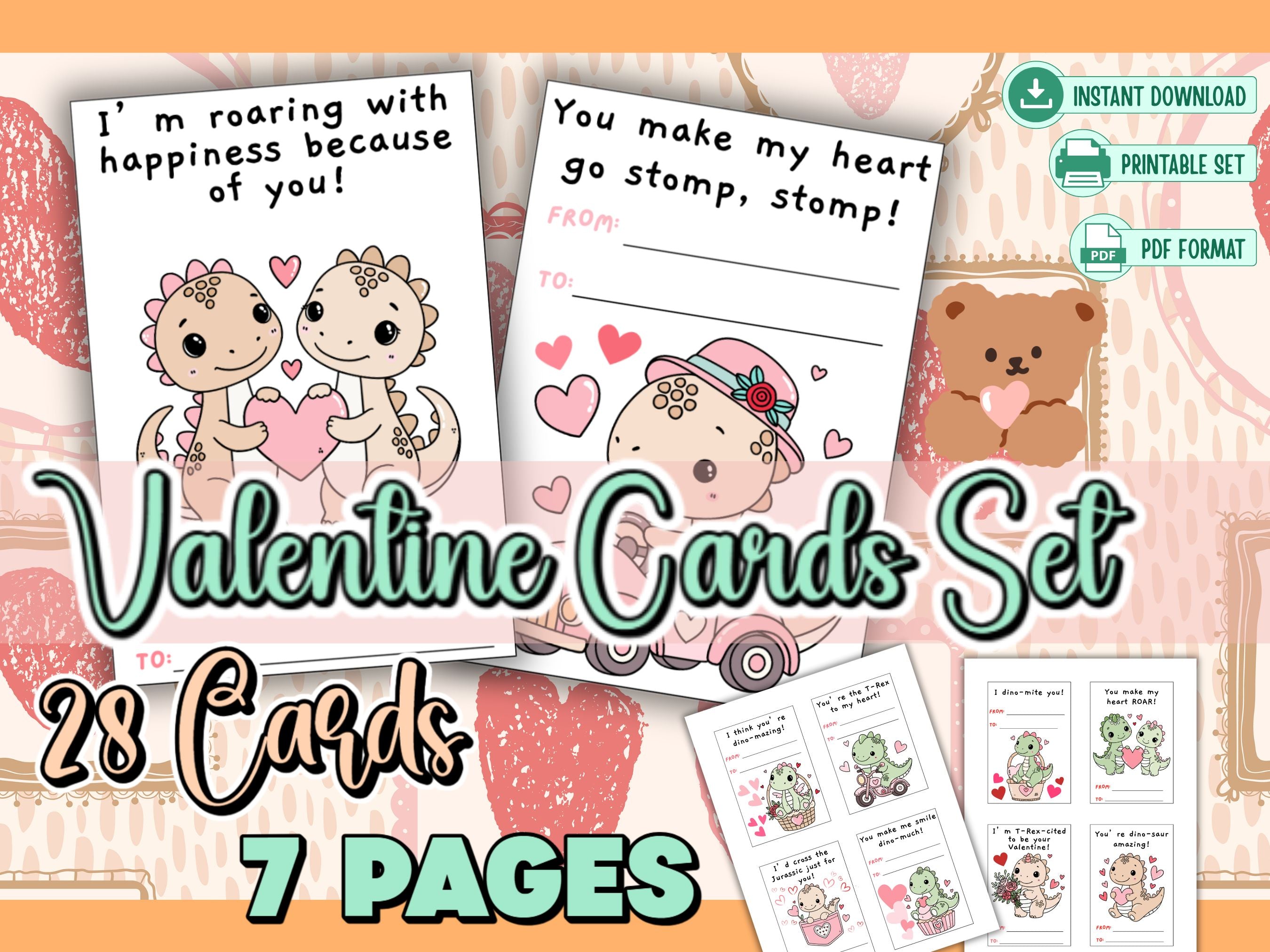 Printable Dinosaur Valentine Cards for Kids | Cute Dino Puns | 28 Card Set | Instant Download PDF