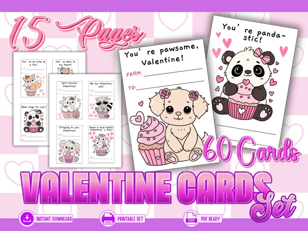 Printable Valentine Cards for Kids | Cute Animals with Cupcakes Valentines | 60 Card Set | Instant Download PDF