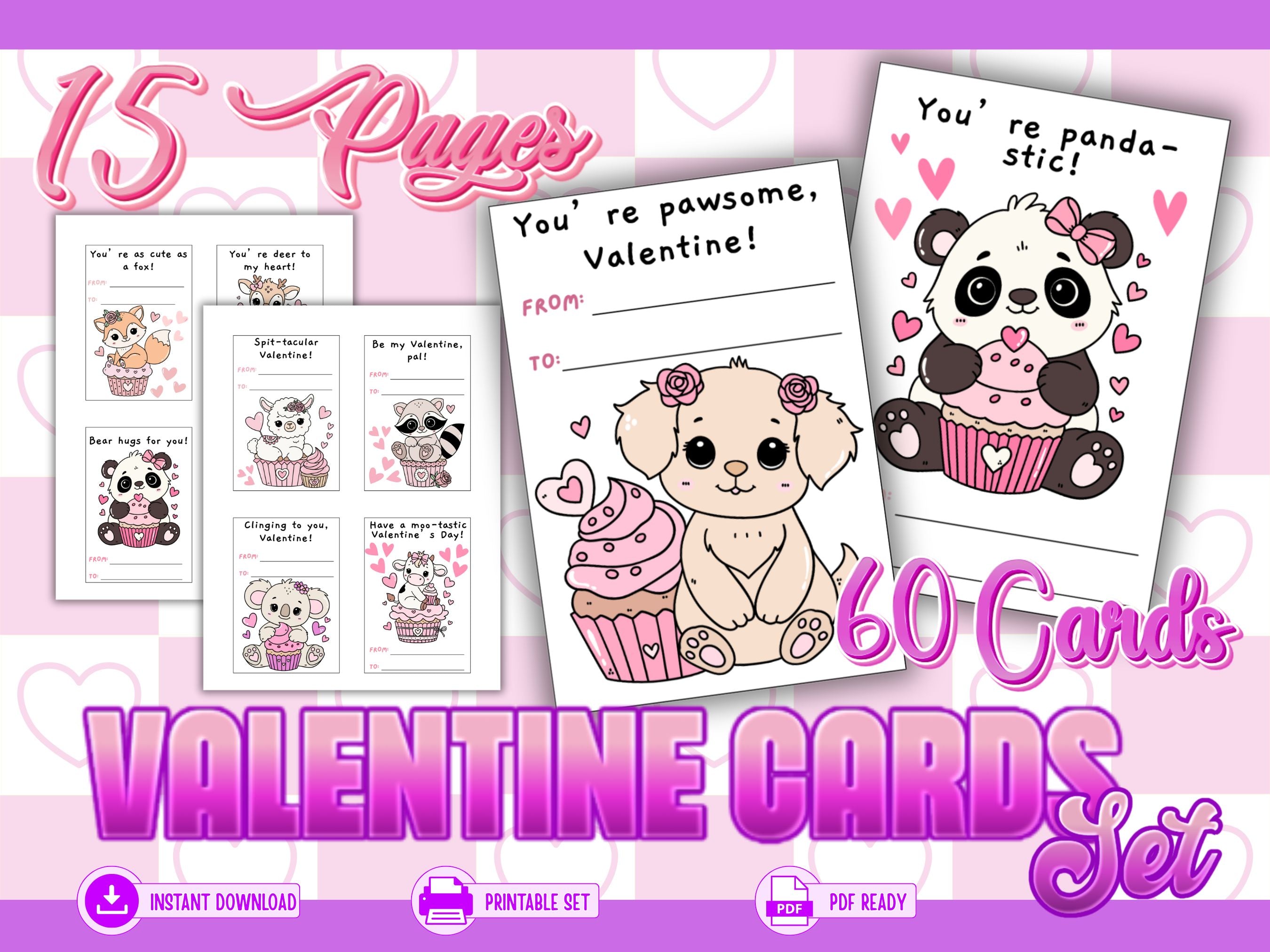 Printable Valentine Cards for Kids | Cute Animals with Cupcakes Valentines | 60 Card Set | Instant Download PDF