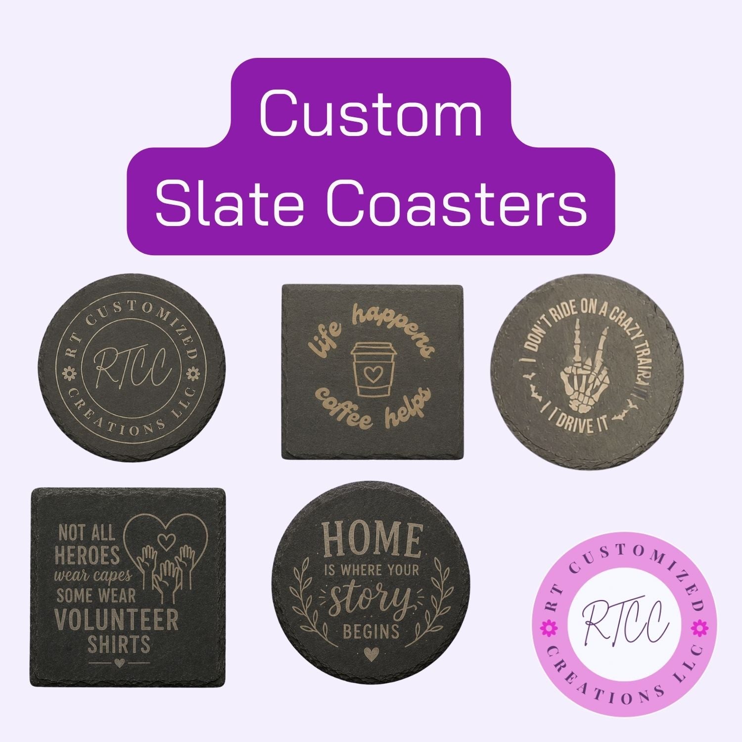 Custom Slate Coaster Set | Personalized Laser-Engraved Coasters with Your Logo, Monogram or Design
