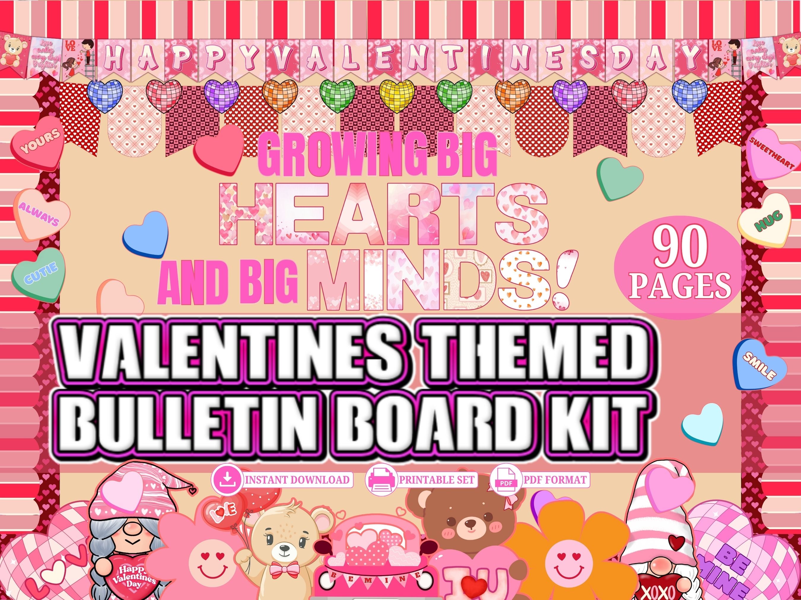 Valentine’s Themed Bulletin Board Kit | Growing Big Hearts & Big Minds | Classroom Valentine Decor | Printable PDF