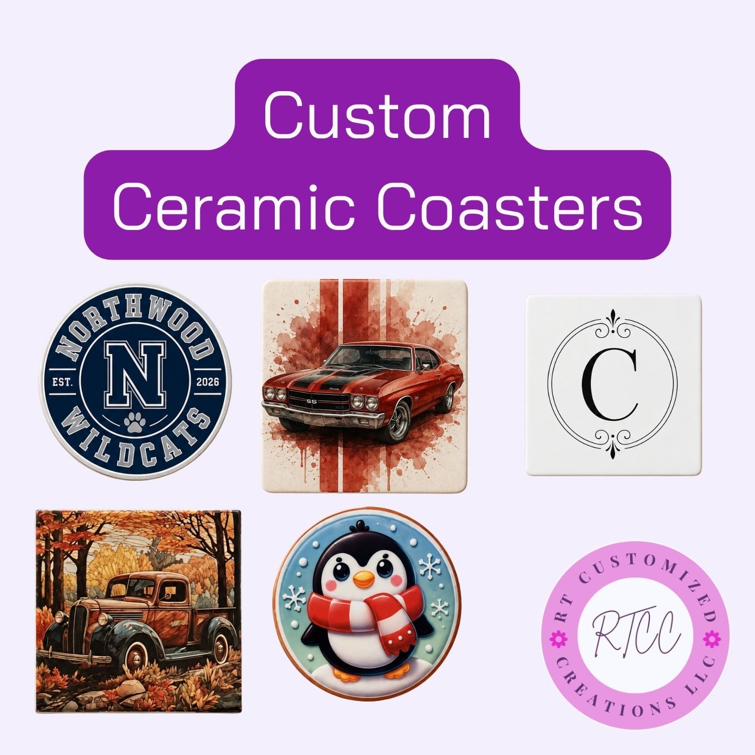 Custom Ceramic Coaster Set | Personalized Photo, Logo & Name Coasters | Round or Square