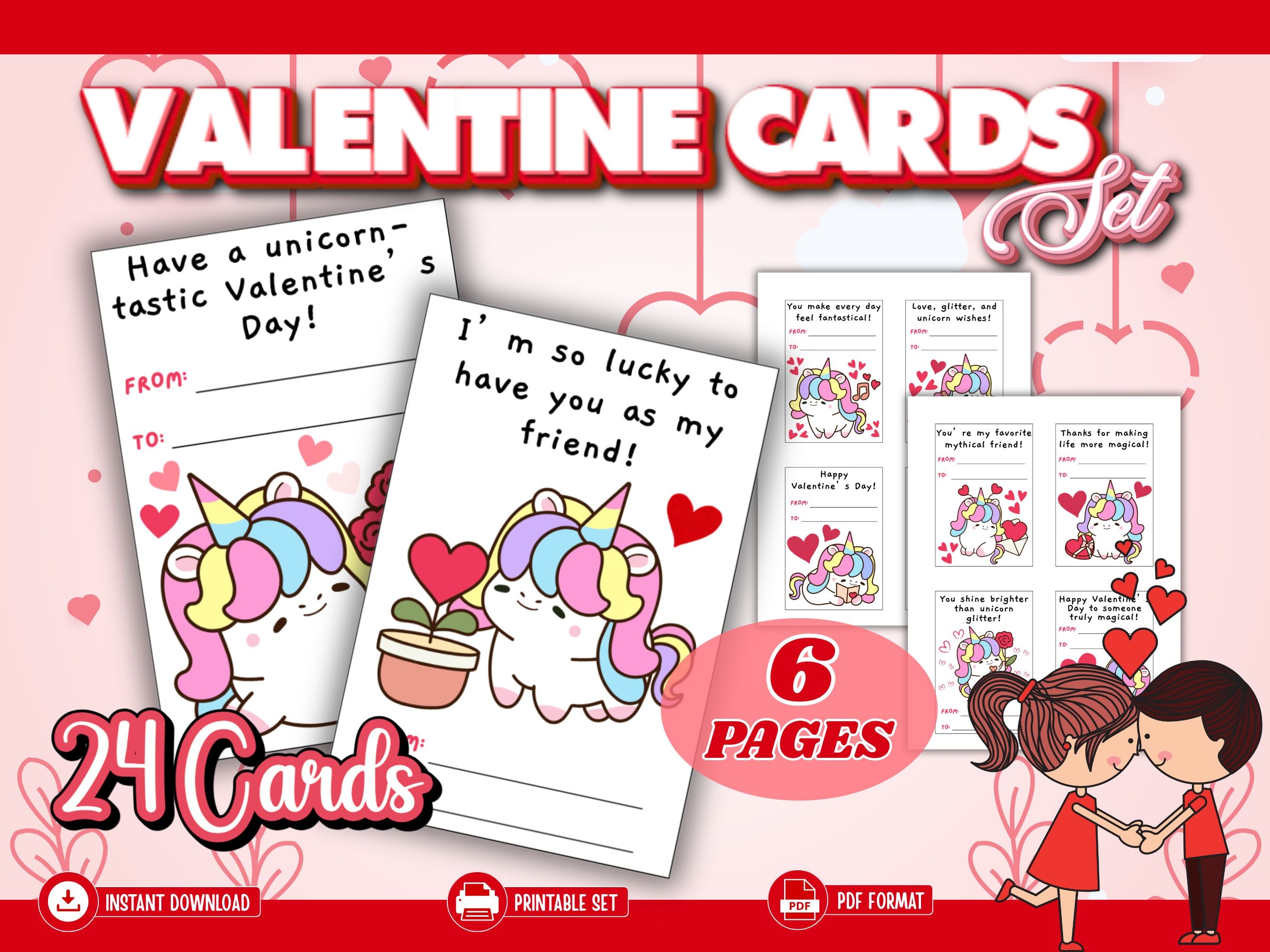 Printable Unicorn Valentine Cards for Kids | Cute Classroom Valentines | 24 Card Set | Instant Download PDF