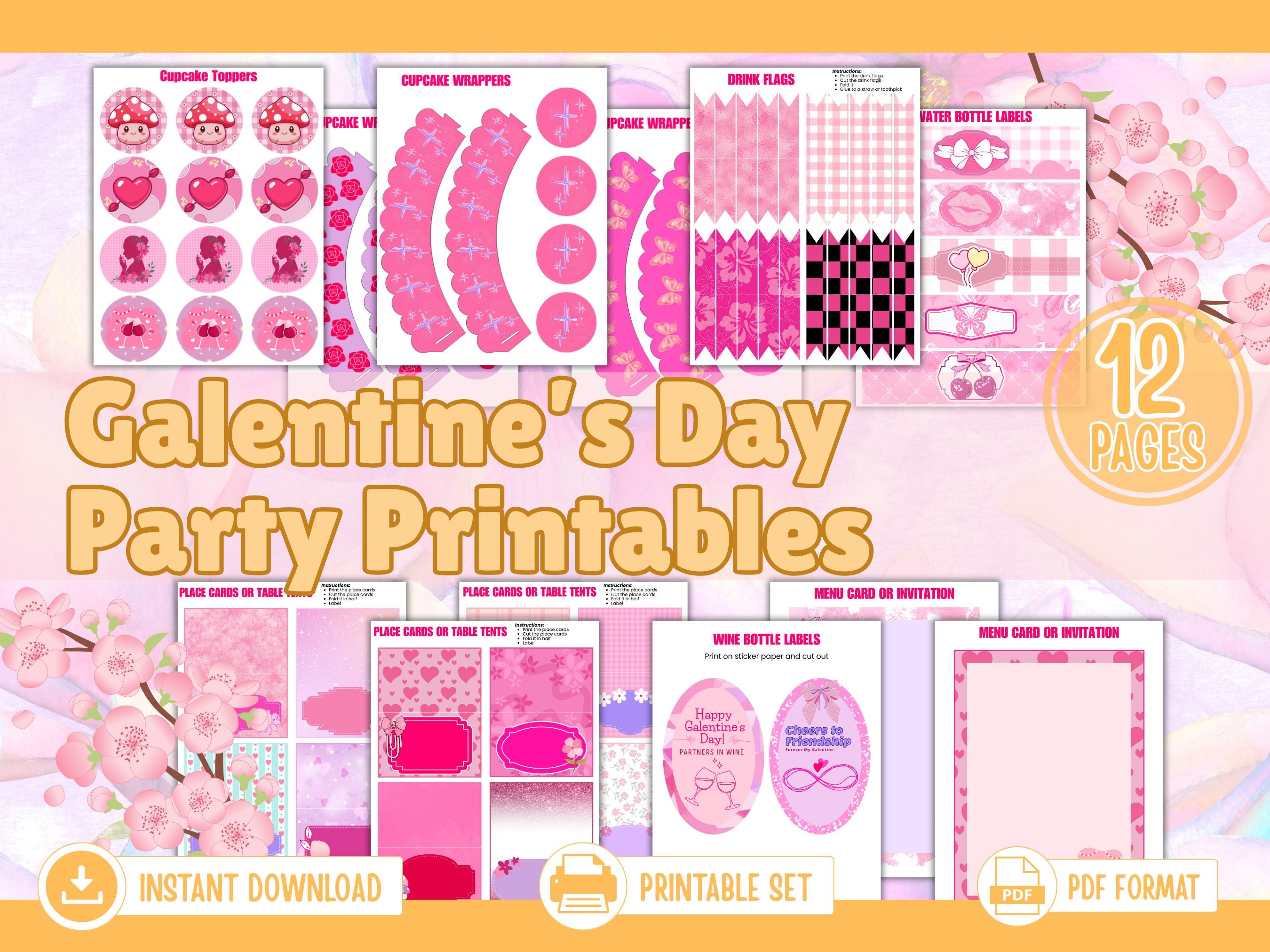 Galentine’s Day Party Printables | Pink Party Decor Set | Printable Decorations | Instant Download PDF