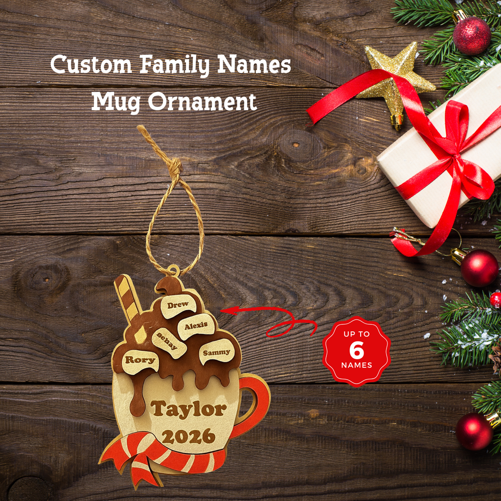 Custom Family Names Mug Ornament – Personalized Hot Cocoa Ornament – Handpainted Basswood Keepsake for Families
