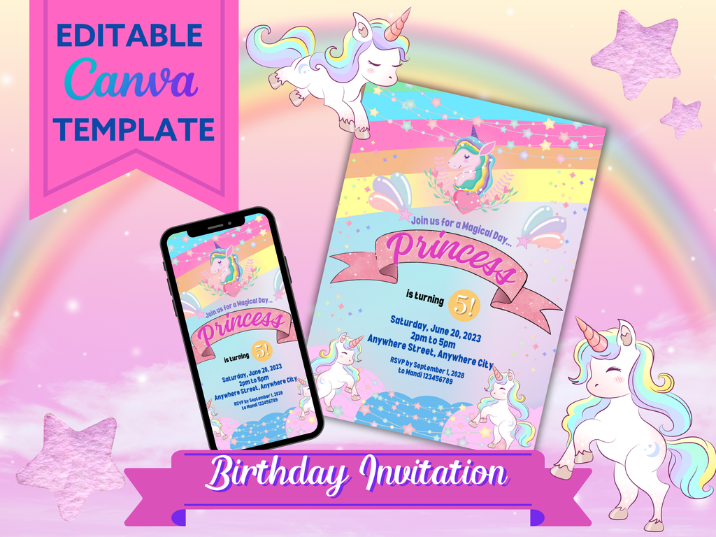 Rainbow Princess Birthday Invitation – Editable Canva Template (5x7)