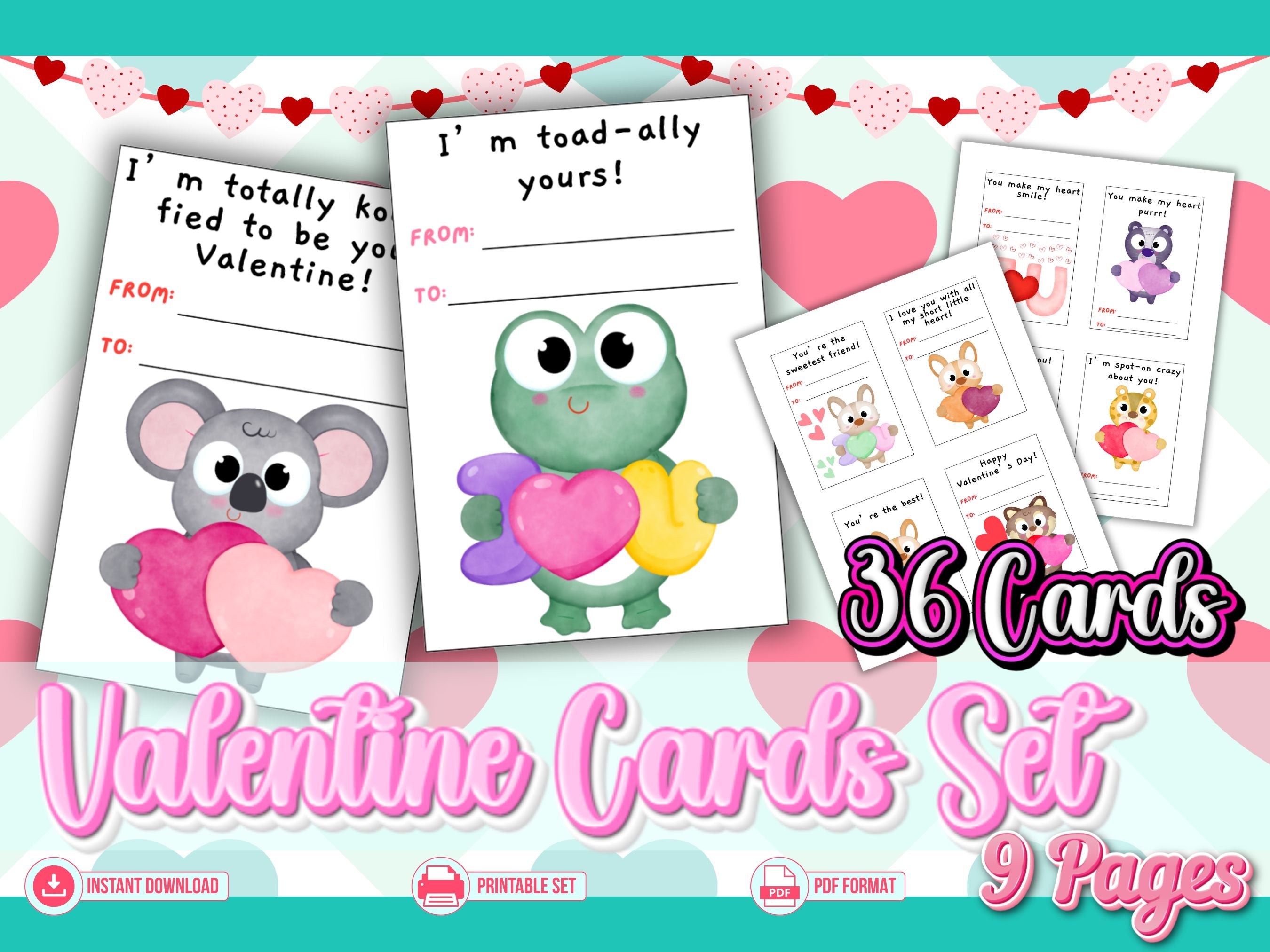 Printable Animal Valentine Cards for Kids | Cute Pun Valentines | 36 Card Set | Instant Download PD
