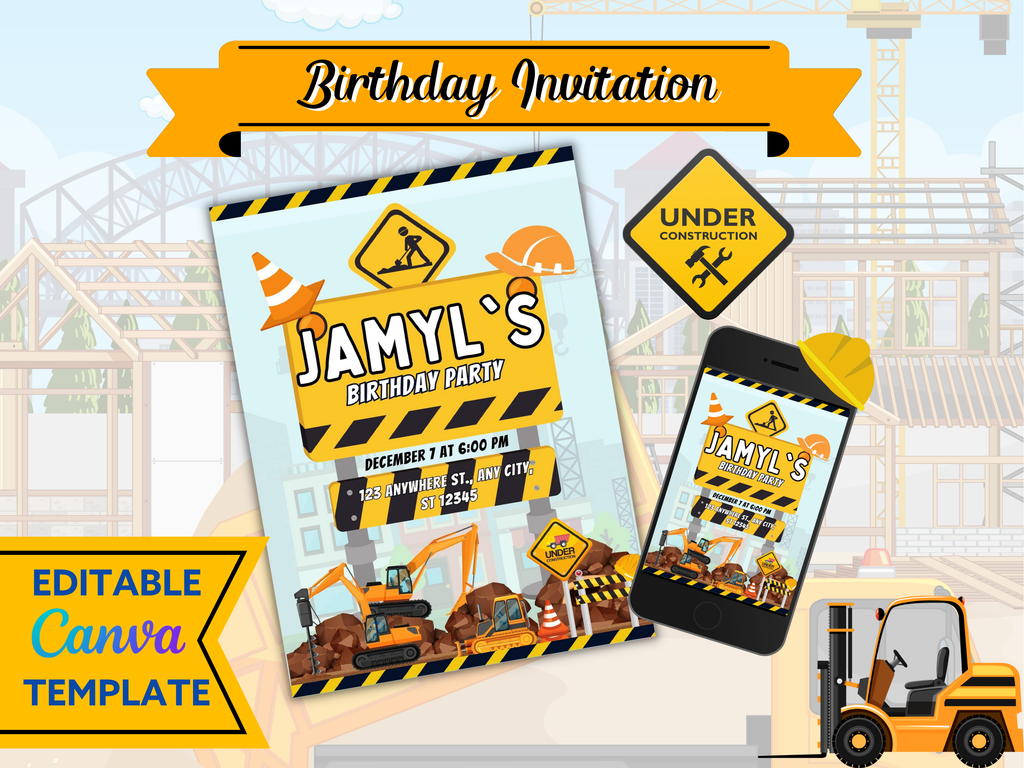 Construction Birthday Invitation – Editable Canva Template (5x7)
