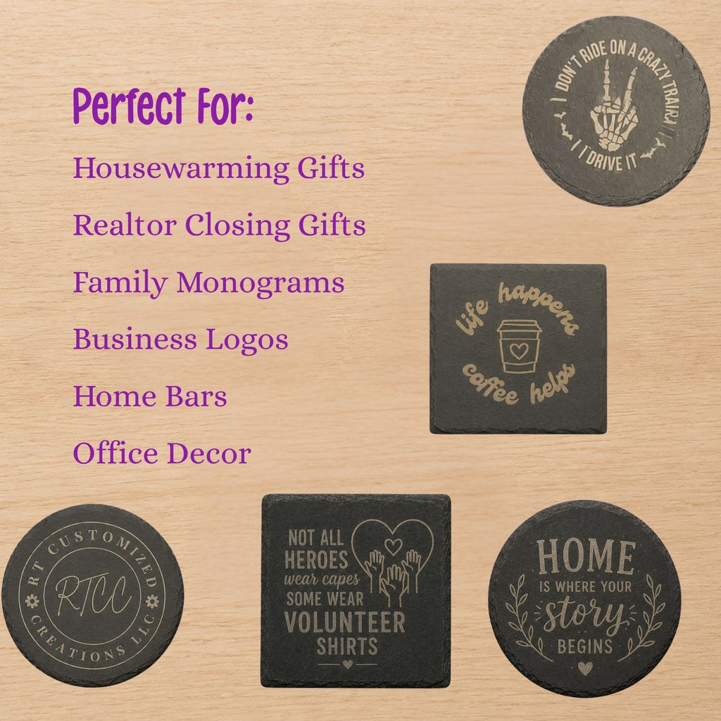 Custom Slate Coaster Set | Personalized Laser-Engraved Coasters with Your Logo, Monogram or Design