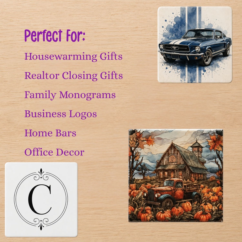 Custom Ceramic Coaster Set | Personalized Photo, Logo & Name Coasters | Round or Square