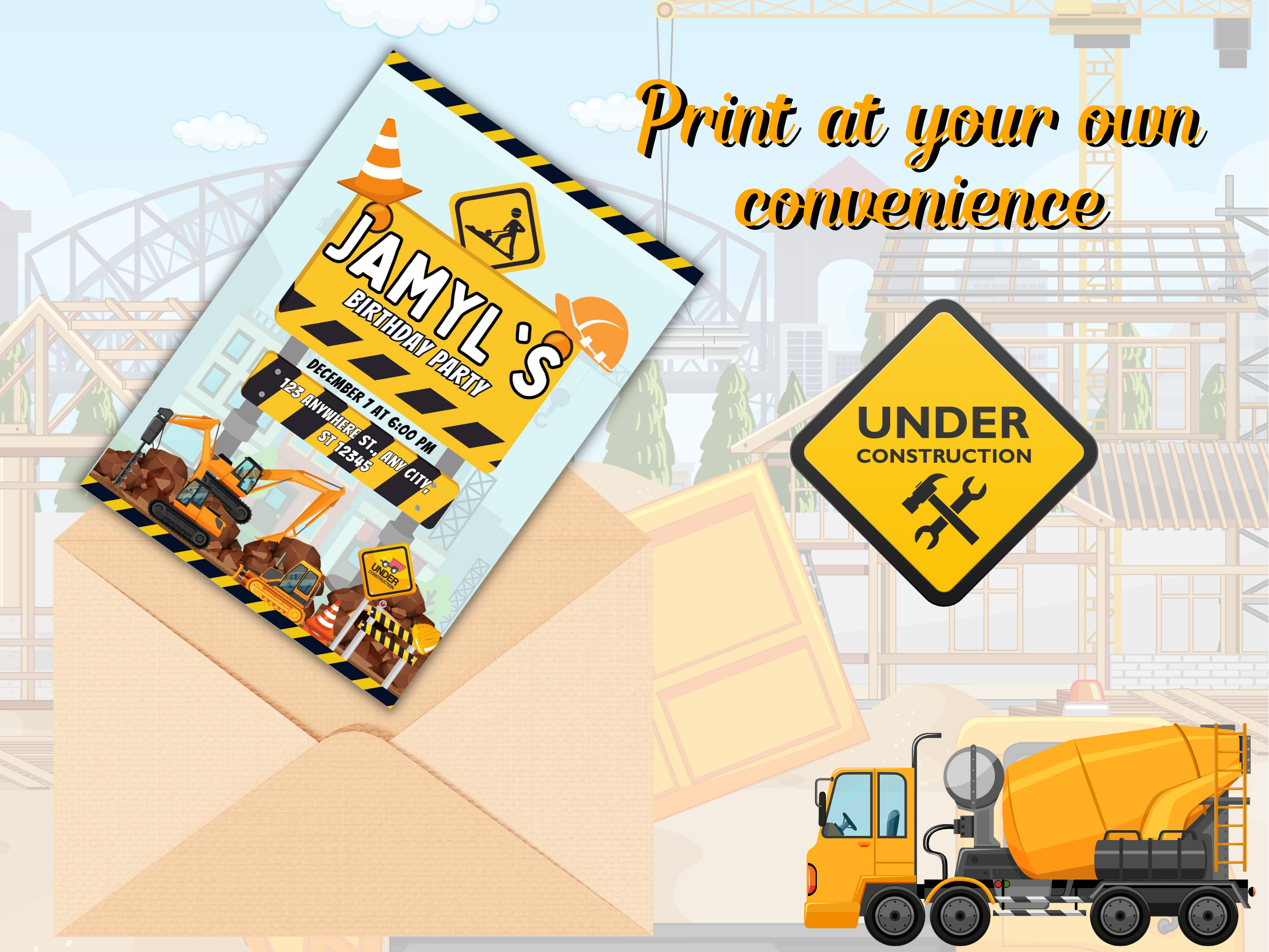 Construction Birthday Invitation – Editable Canva Template (5x7)
