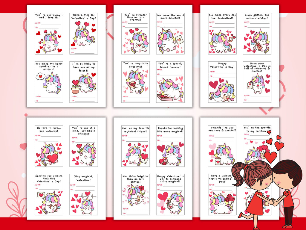 Printable Unicorn Valentine Cards for Kids | Cute Classroom Valentines | 24 Card Set | Instant Download PDF