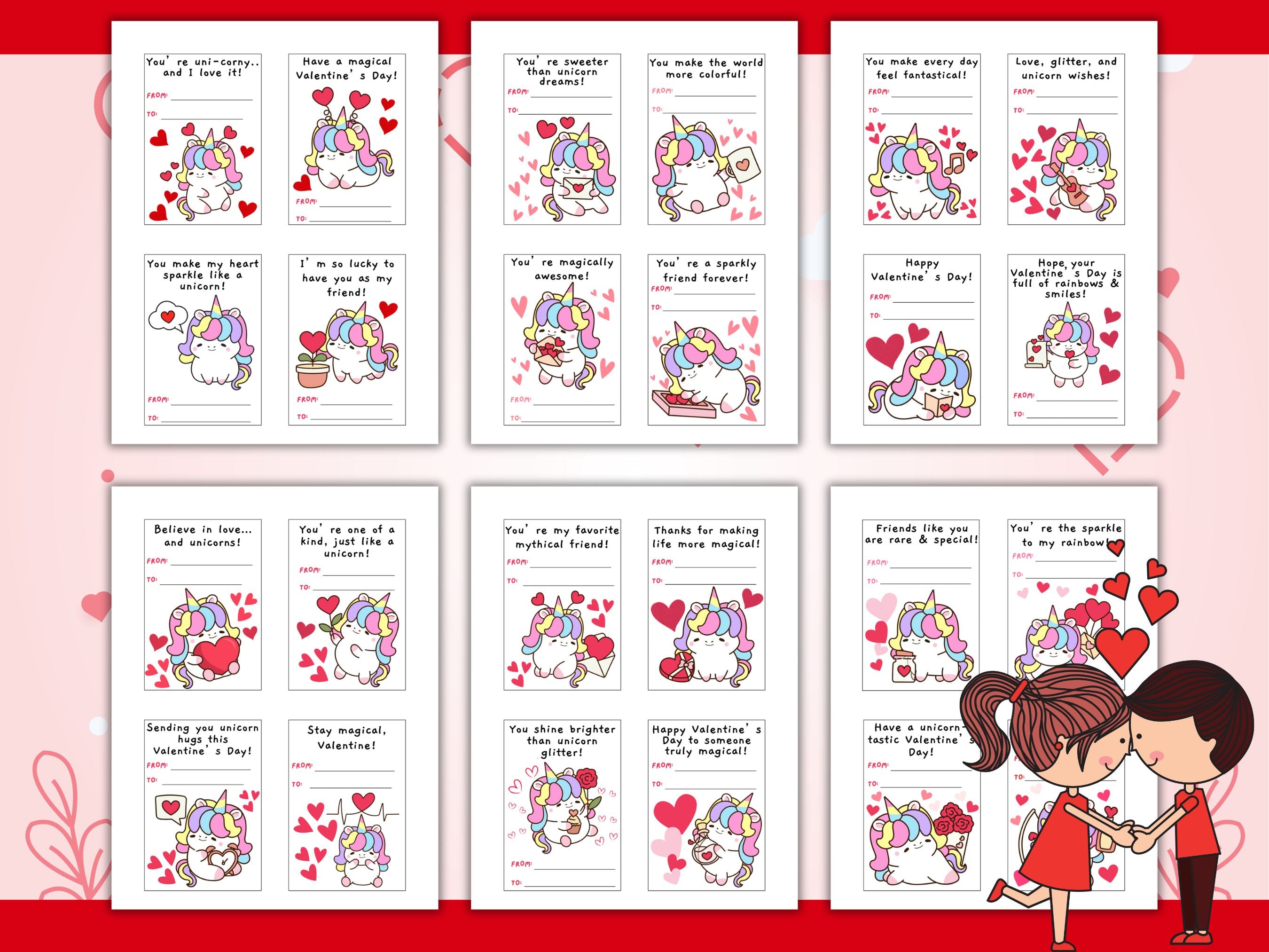 Printable Unicorn Valentine Cards for Kids | Cute Classroom Valentines | 24 Card Set | Instant Download PDF