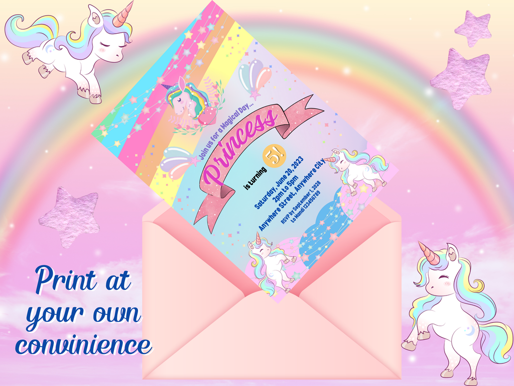 Rainbow Princess Birthday Invitation – Editable Canva Template (5x7)