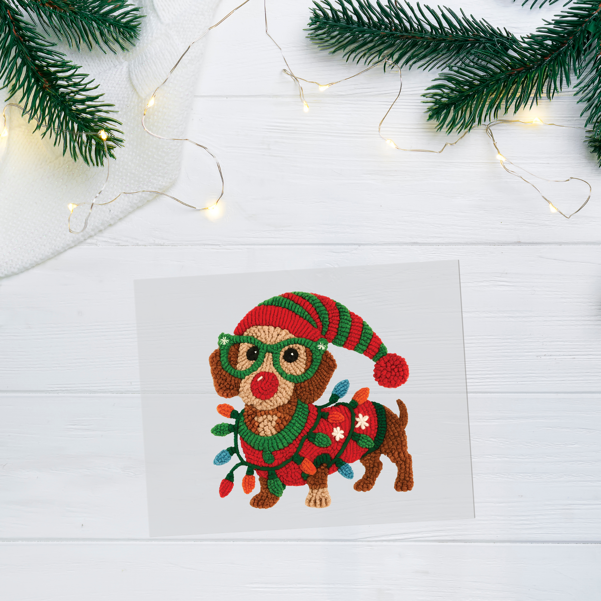 Faux Crochet Christmas Dachsund DTF Transfer