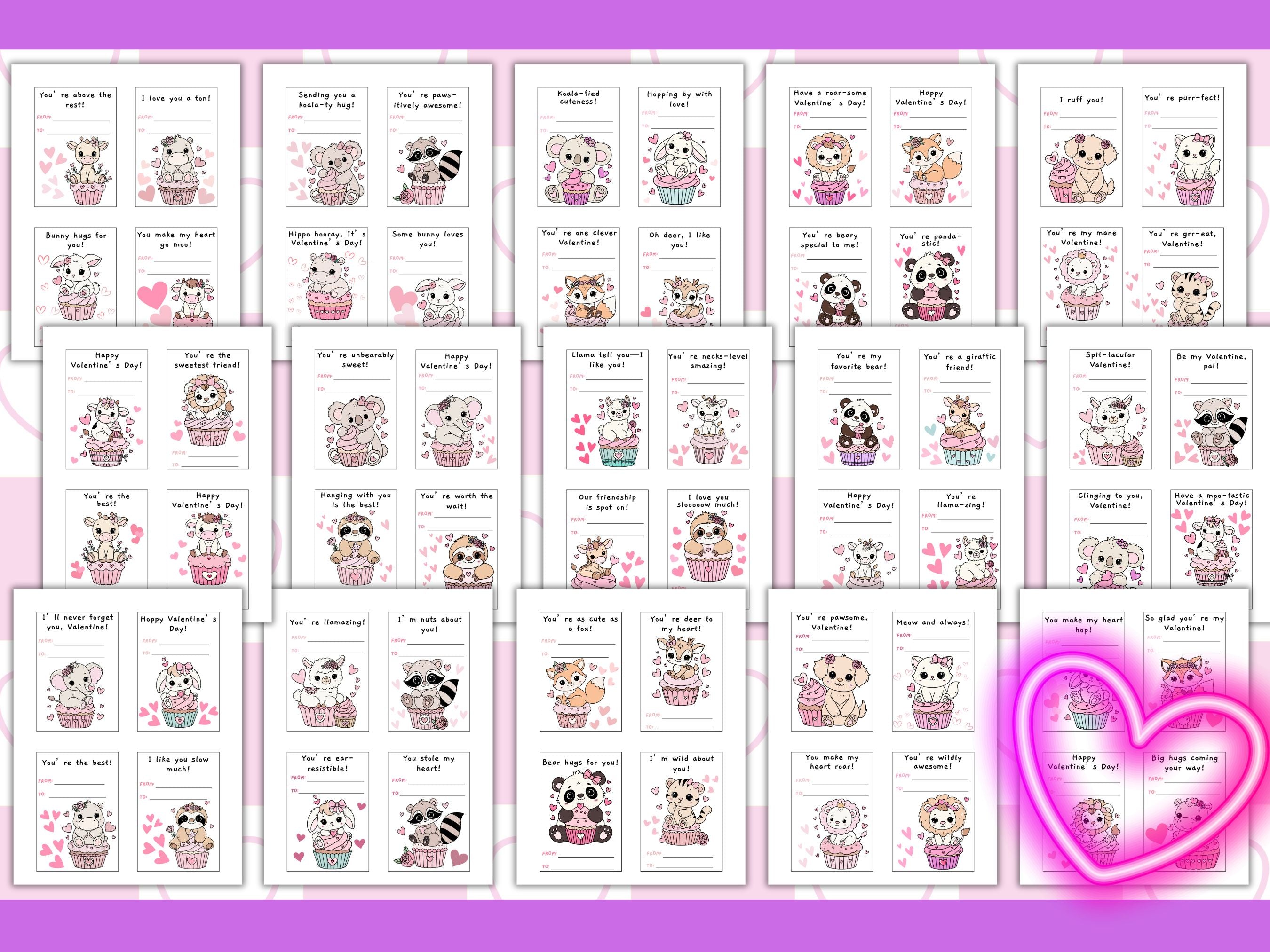 Printable Valentine Cards for Kids | Cute Animals with Cupcakes Valentines | 60 Card Set | Instant Download PDF