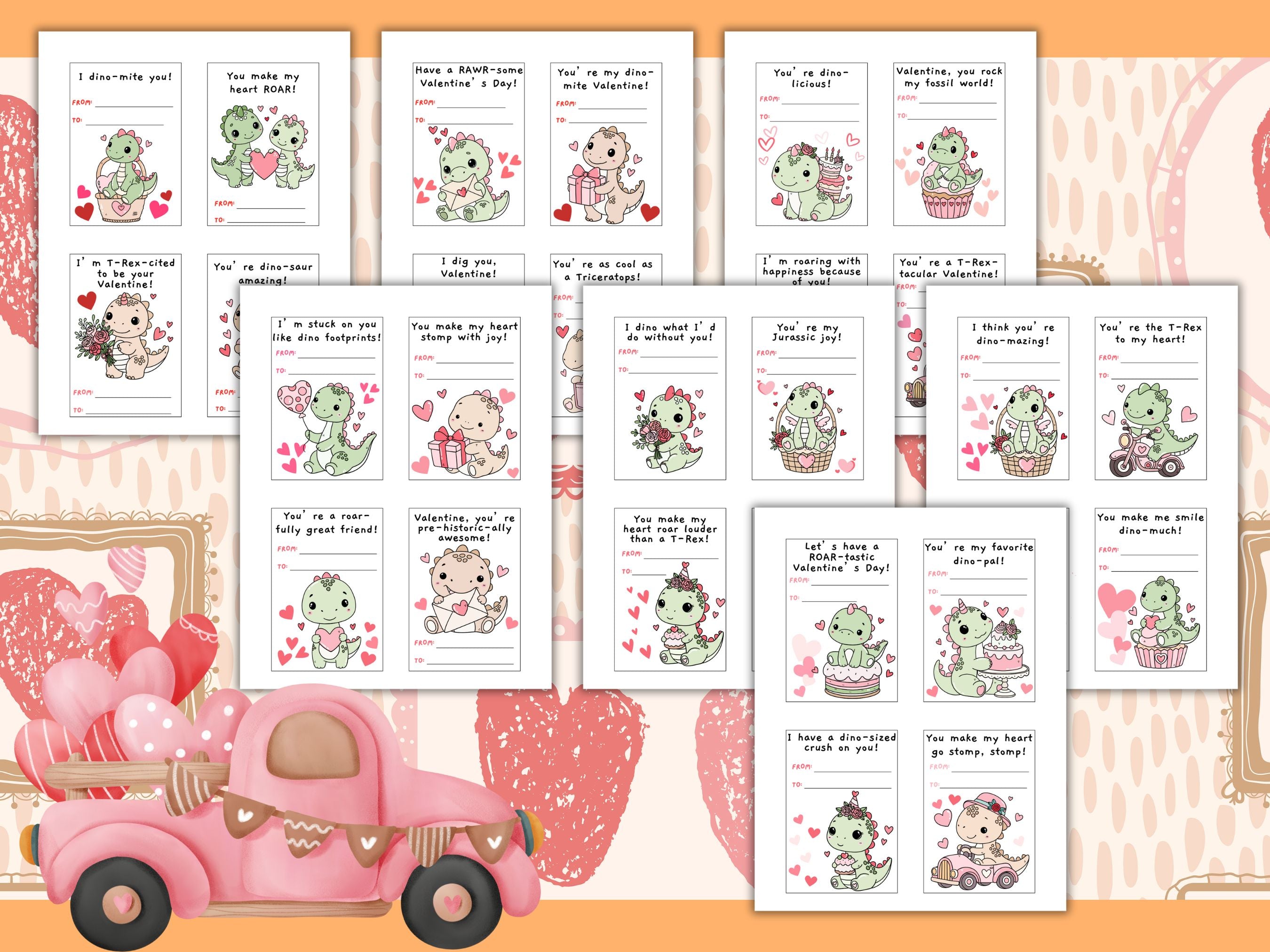 Printable Dinosaur Valentine Cards for Kids | Cute Dino Puns | 28 Card Set | Instant Download PDF