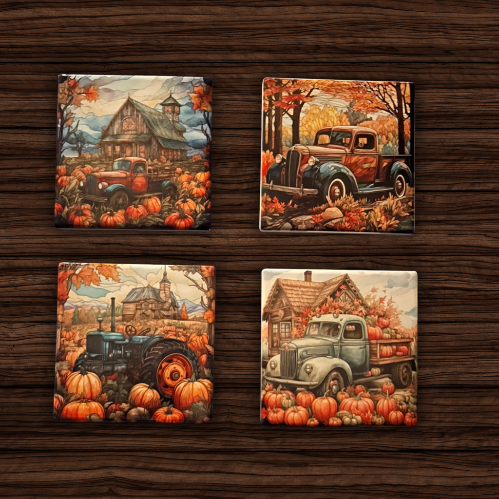 Fall Ceramic Coaster Set – Vintage Truck & Farm Scene (Set of 4)