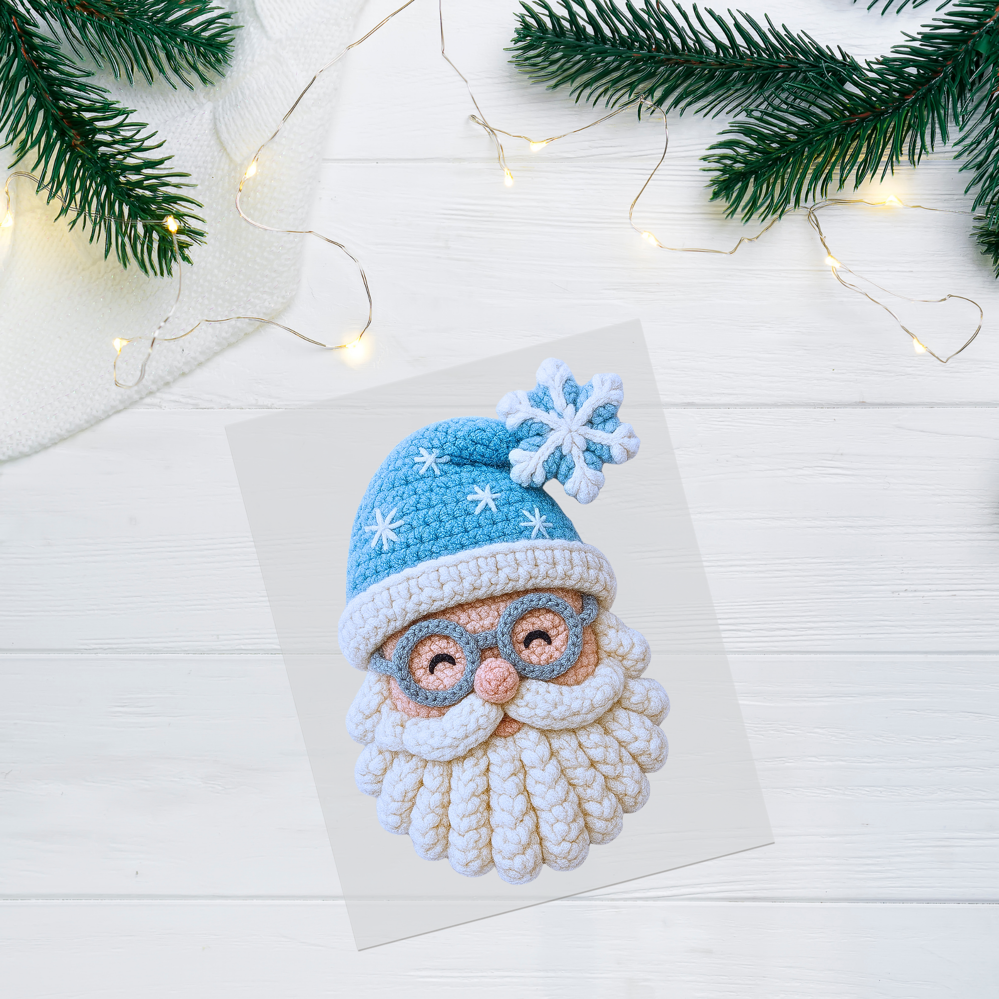 Faux Crochet Santa Blue Hat DTF Transfer