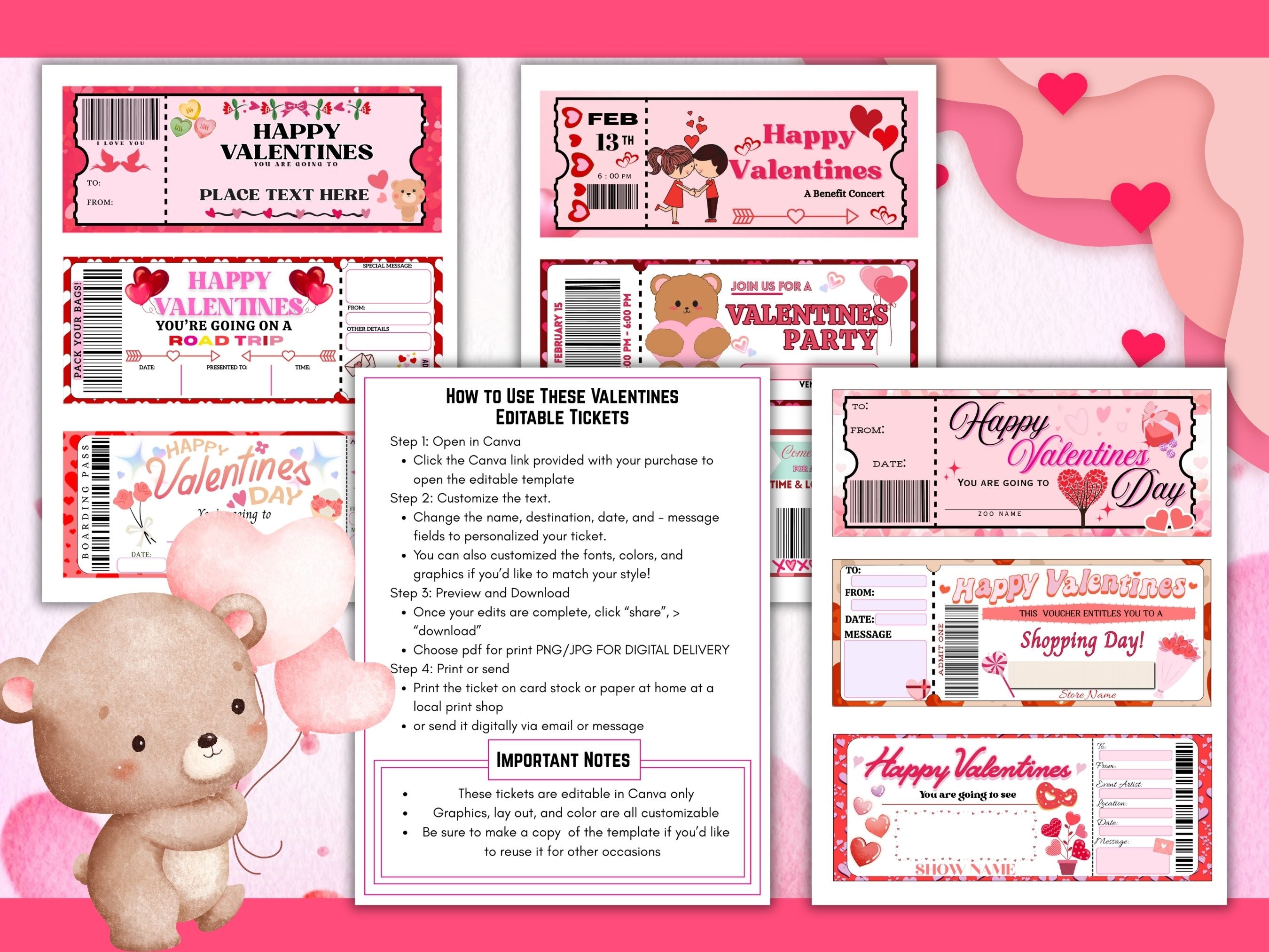 Editable Valentine’s Tickets Canva Template Set