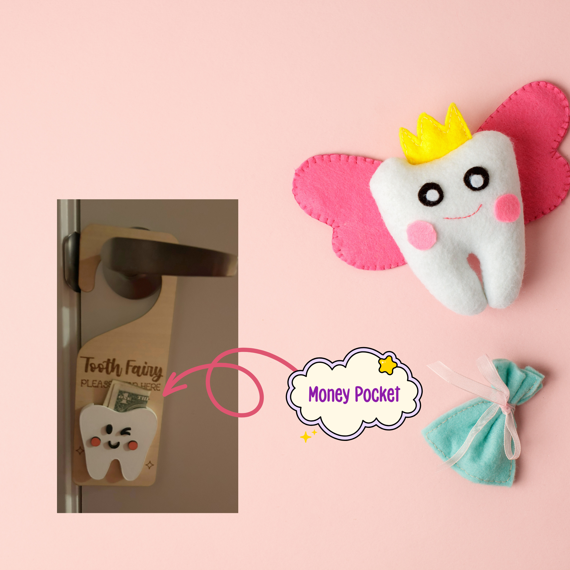 Tooth Fairy Door Hanger – Personalized Wooden Tooth Fairy Sign | Kids Tooth Fairy Gift | Laser Engraved Basswood Door Hanger with Pocket