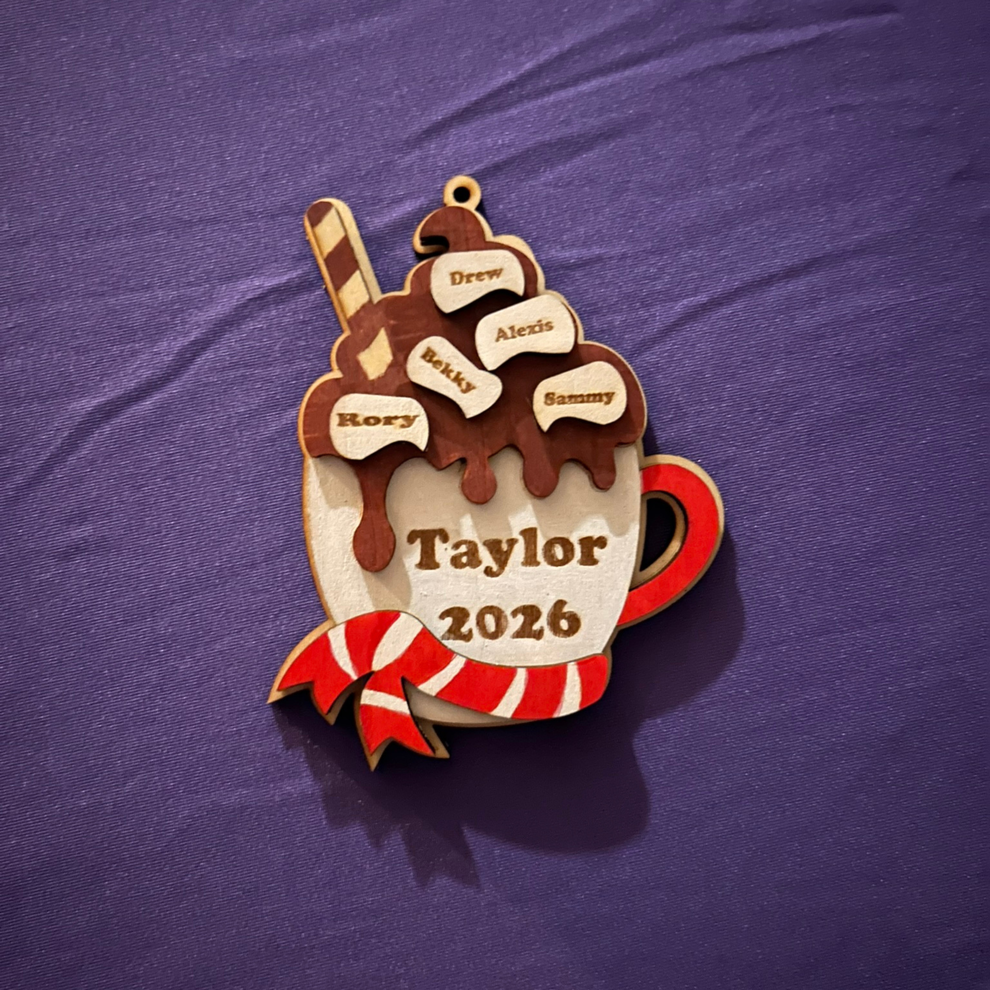 Custom Family Names Mug Ornament – Personalized Hot Cocoa Ornament – Handpainted Basswood Keepsake for Families