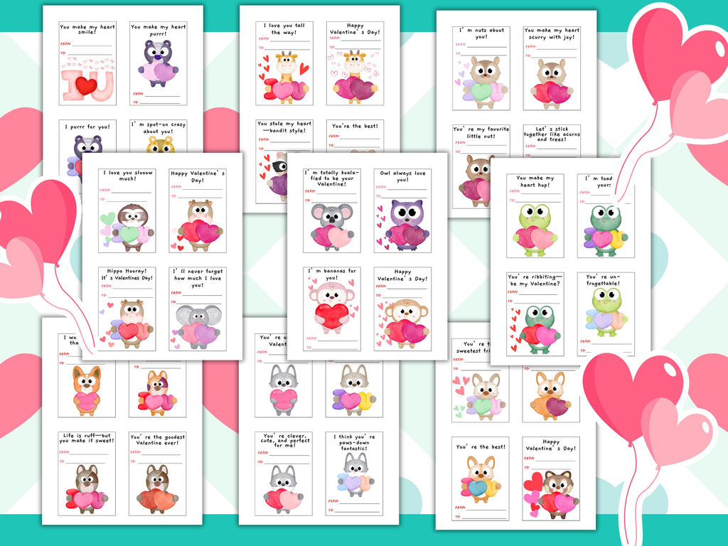 Printable Animal Valentine Cards for Kids | Cute Pun Valentines | 36 Card Set | Instant Download PD