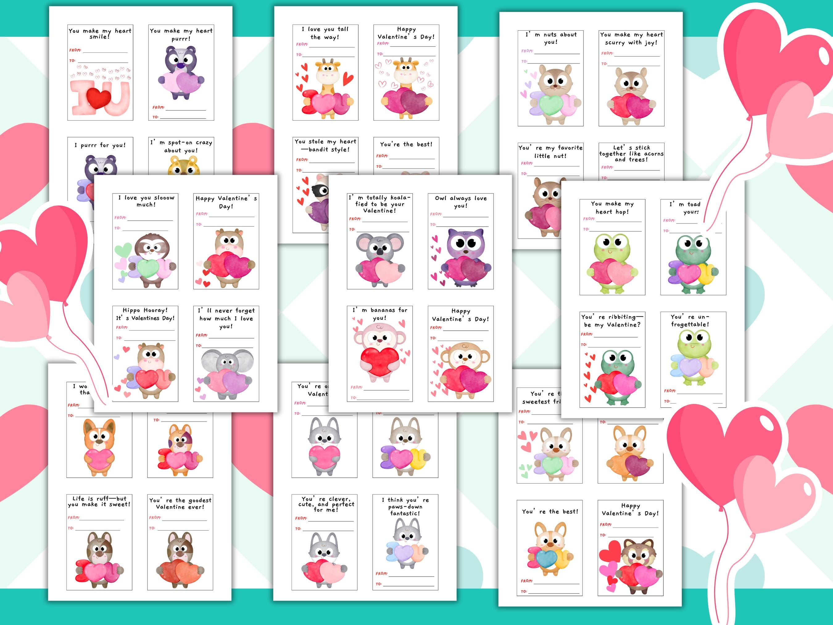 Printable Animal Valentine Cards for Kids | Cute Pun Valentines | 36 Card Set | Instant Download PD