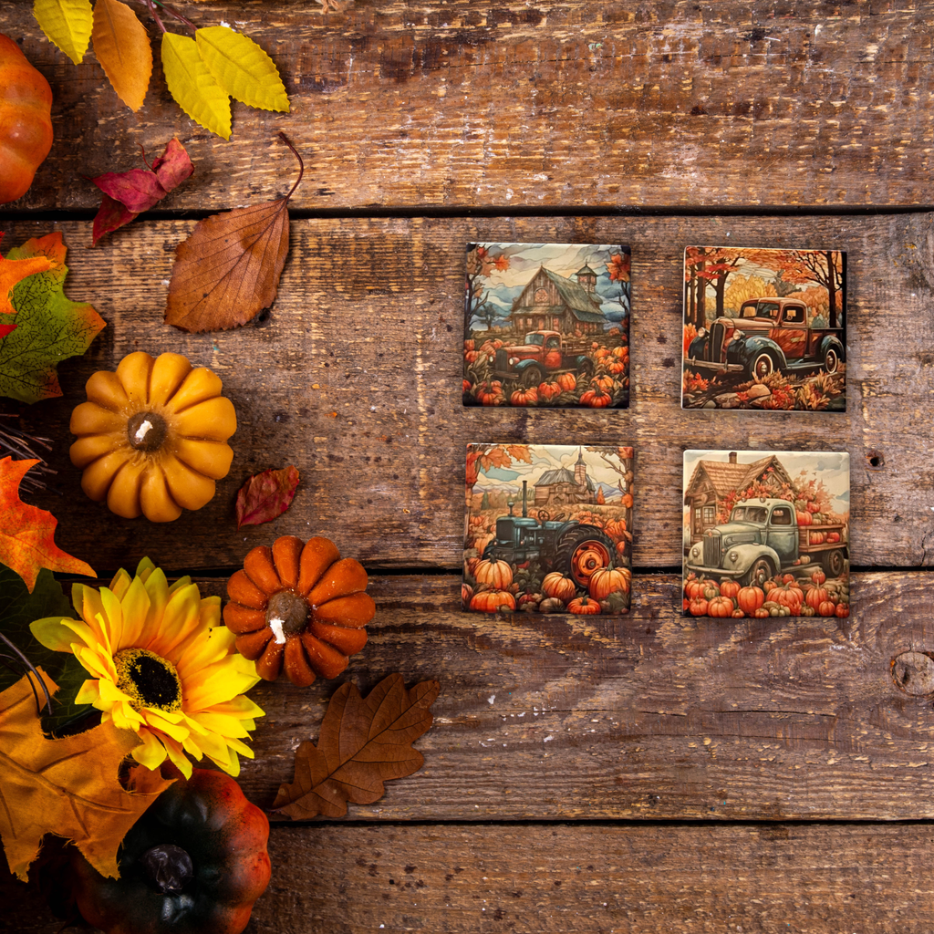 Fall Ceramic Coaster Set – Vintage Truck & Farm Scene (Set of 4)