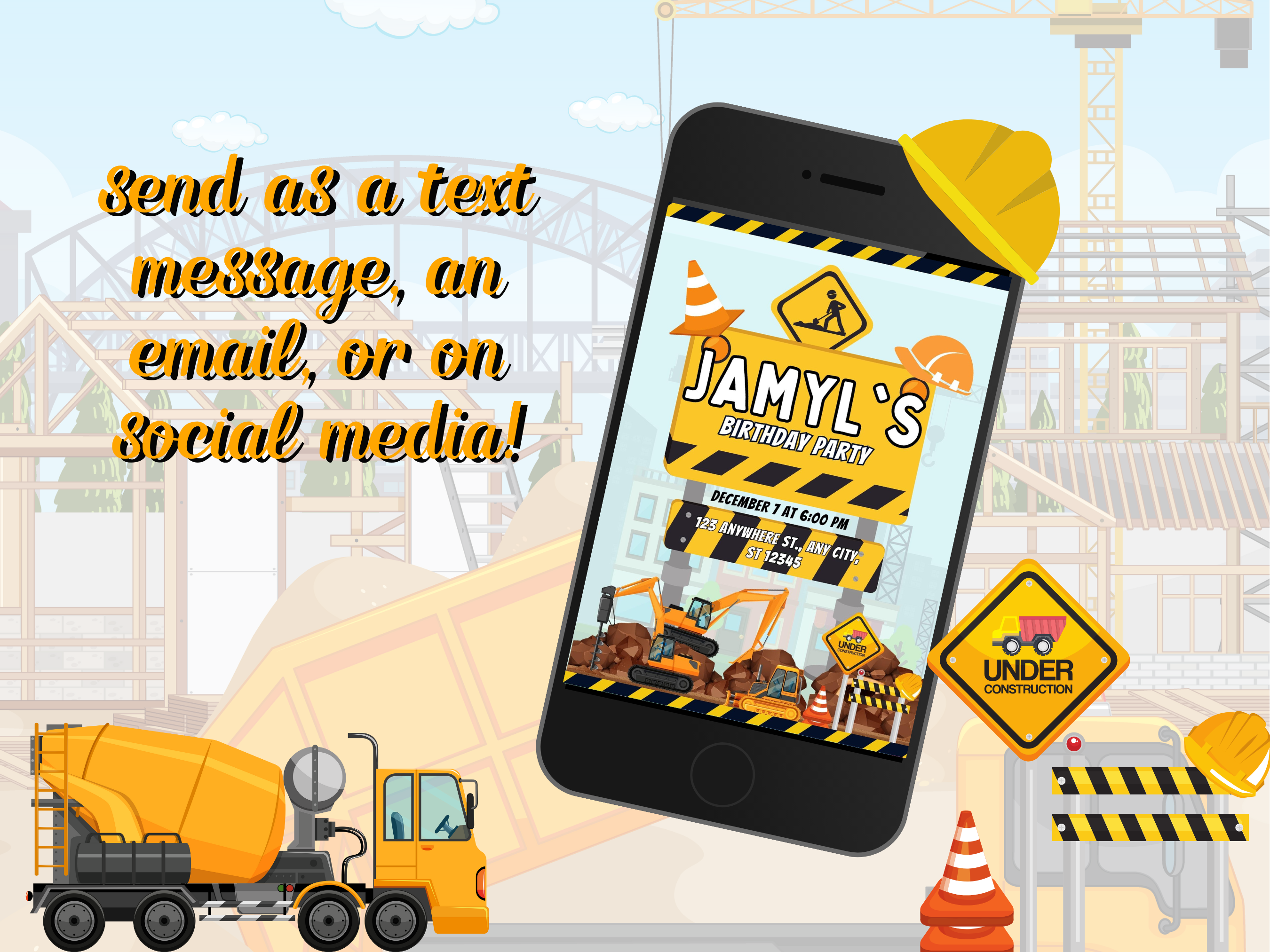 Construction Birthday Invitation – Editable Canva Template (5x7)