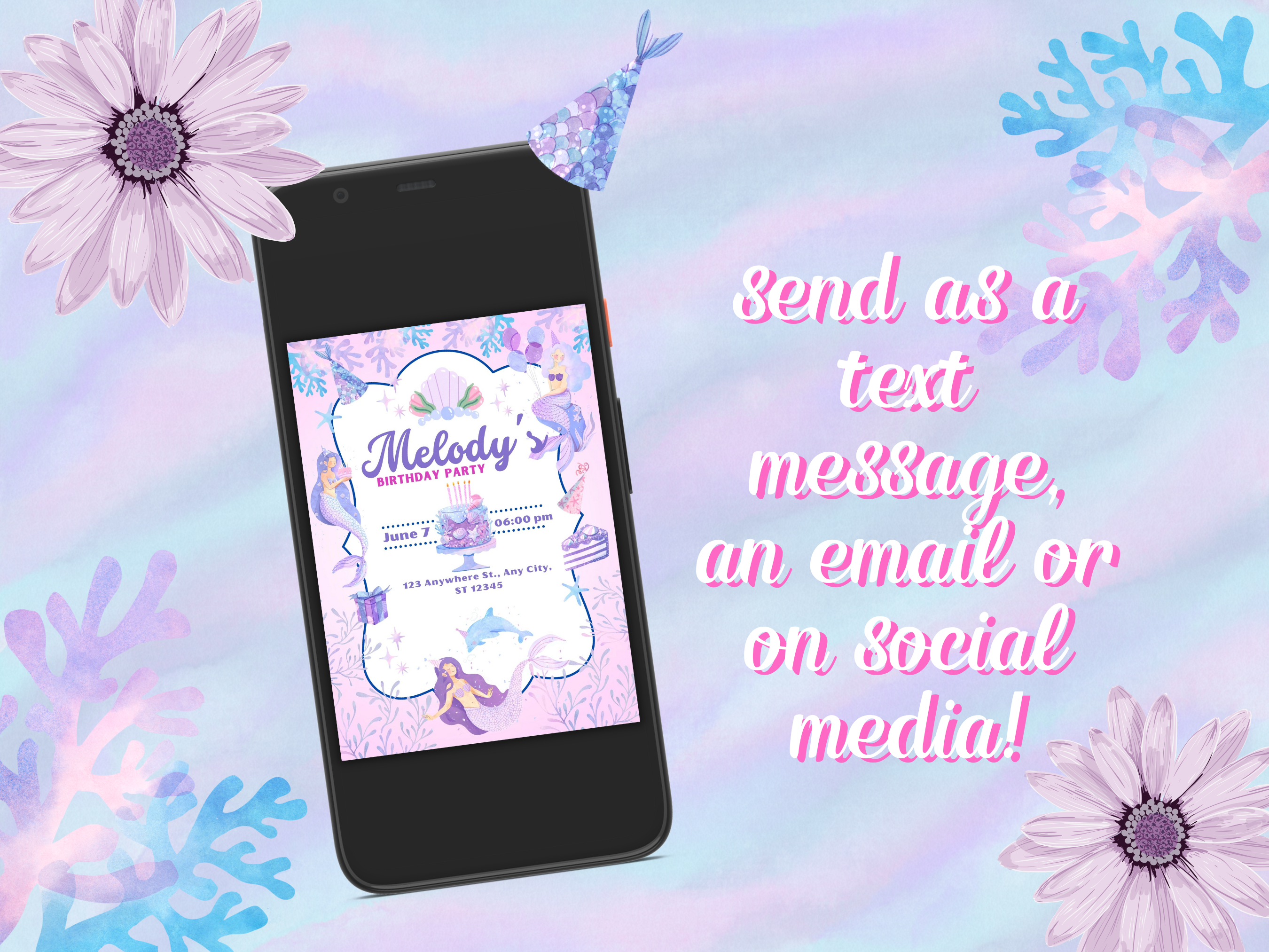 🧜‍♀️ Mermaid Birthday Invitation – Editable Canva Template (Digital Download)