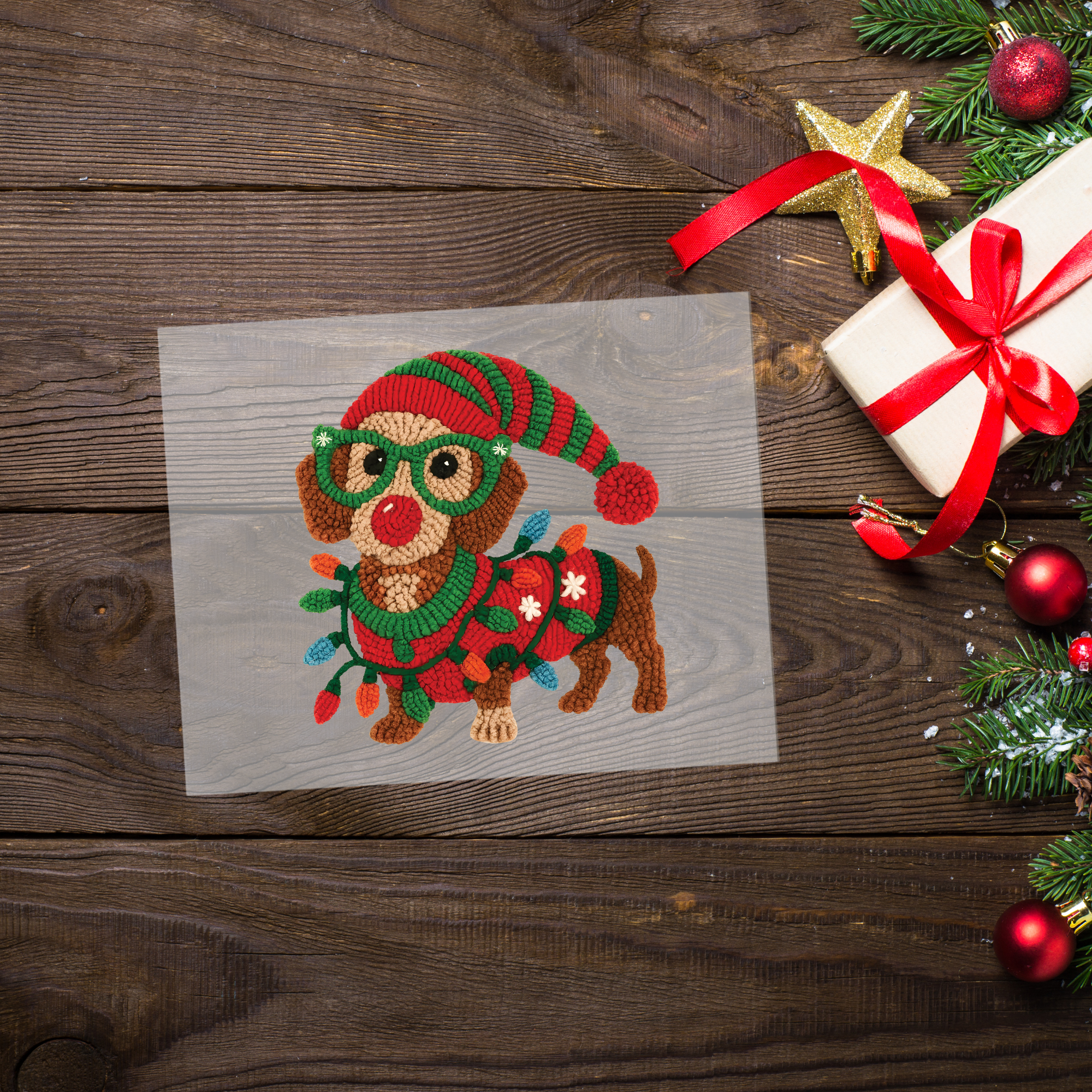 Faux Crochet Christmas Dachsund DTF Transfer
