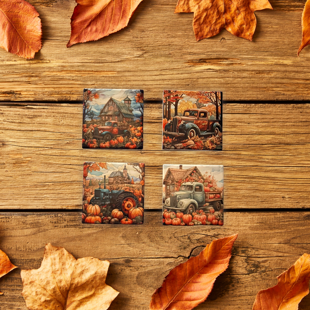 Fall Ceramic Coaster Set – Vintage Truck & Farm Scene (Set of 4)