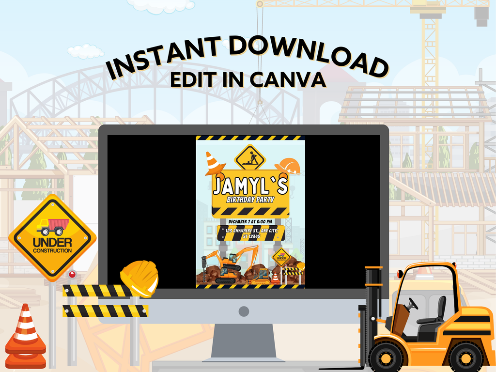 Construction Birthday Invitation – Editable Canva Template (5x7)