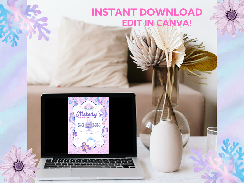 🧜‍♀️ Mermaid Birthday Invitation – Editable Canva Template (Digital Download)
