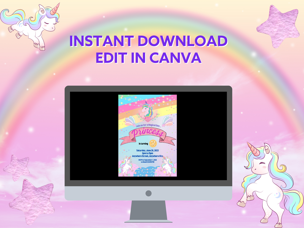 Rainbow Princess Birthday Invitation – Editable Canva Template (5x7)