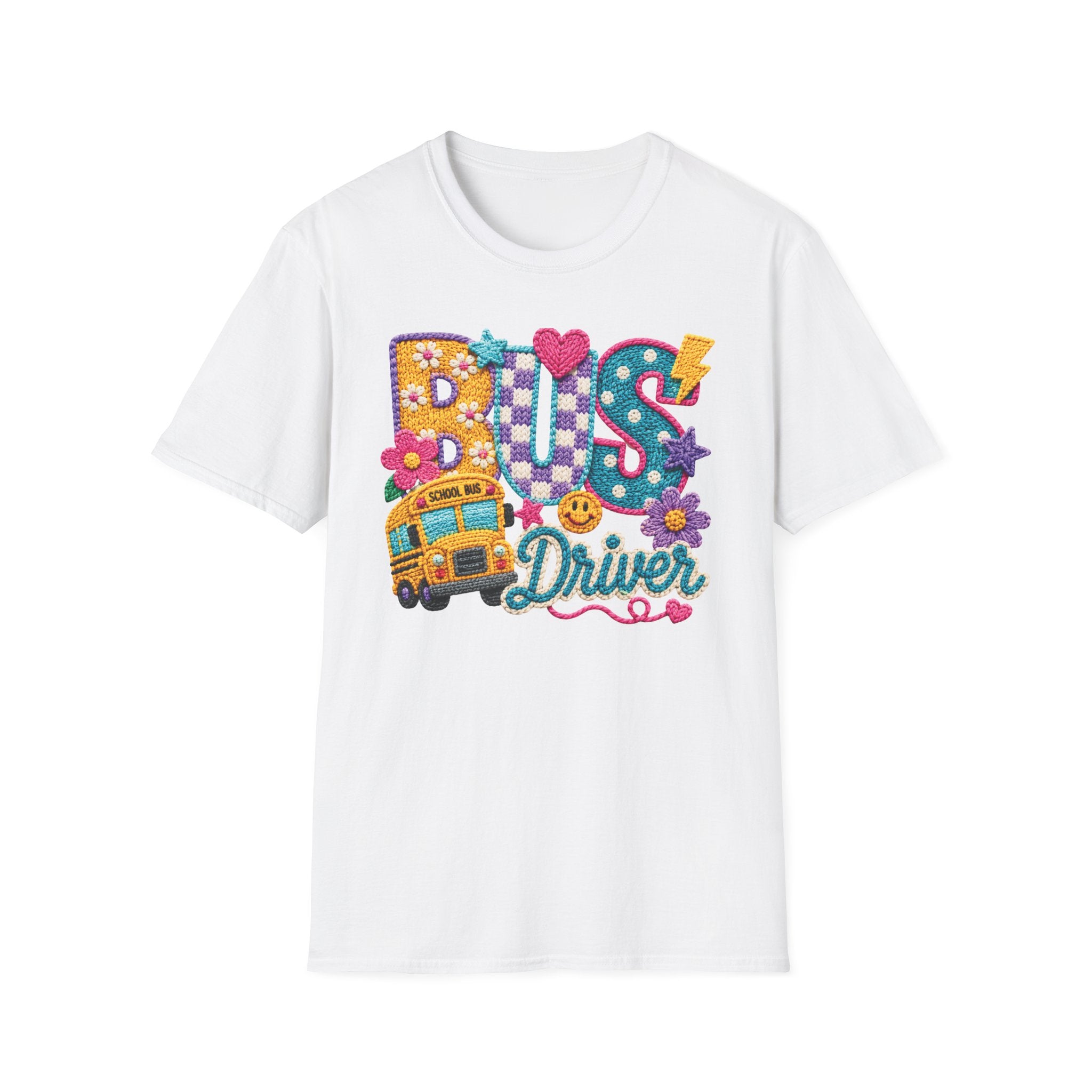 Bus Driver T-Shirt | Faux Crochet School Bus Graphic | Adult Unisex Gildan SoftStyle T-shirt