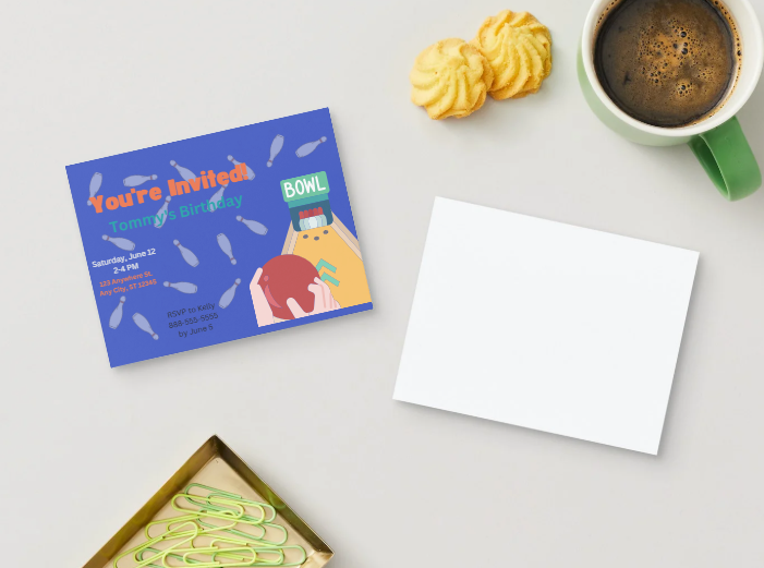 Blue Bowling Personalized Printed Party Invitations | Small or Large Size with Envelopes