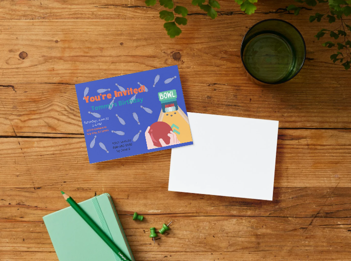 Blue Bowling Personalized Printed Party Invitations | Small or Large Size with Envelopes