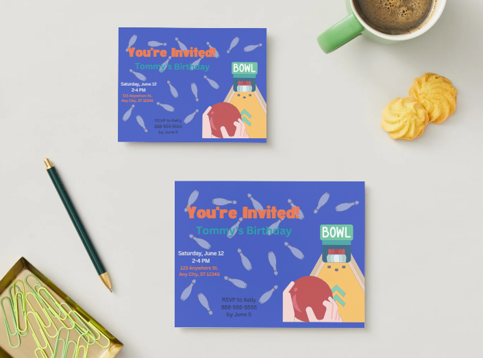 Blue Bowling Personalized Printed Party Invitations | Small or Large Size with Envelopes