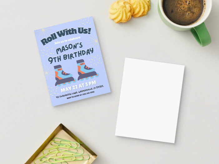 Blue Skating Personalized Printed Party Invitations | Small or Large Size with Envelopes