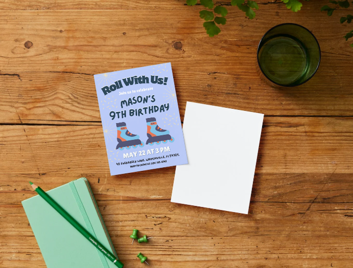 Blue Skating Personalized Printed Party Invitations | Small or Large Size with Envelopes